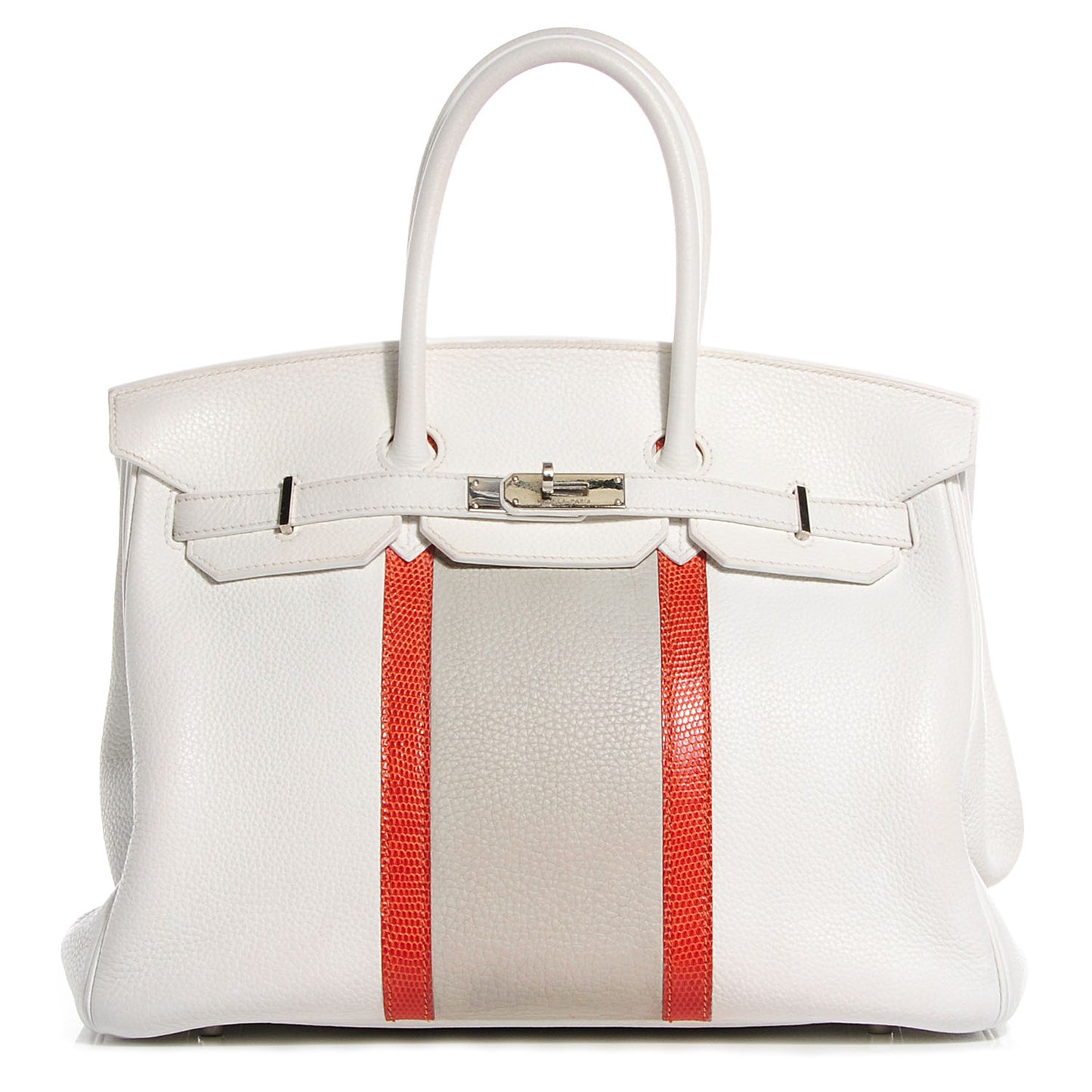 Taurillon Clemence Lizard Club Birkin 35 Blanc Gris Perle Sanguine