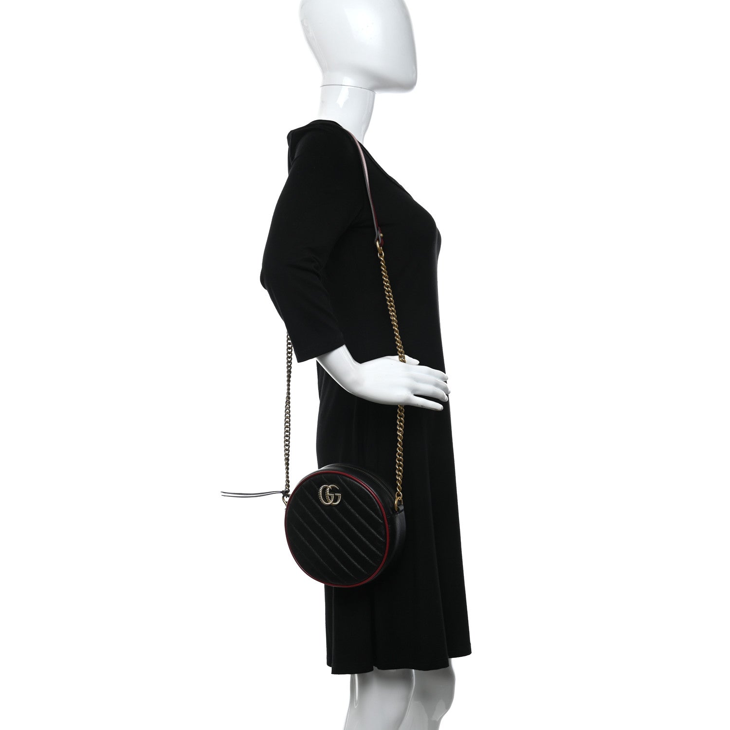 Gucci Vintage Effect Calfskin Matelasse Diagonal Mini Torchon GG Marmont Round Shoulder Bag Black Romantic Cherry 2 of 9