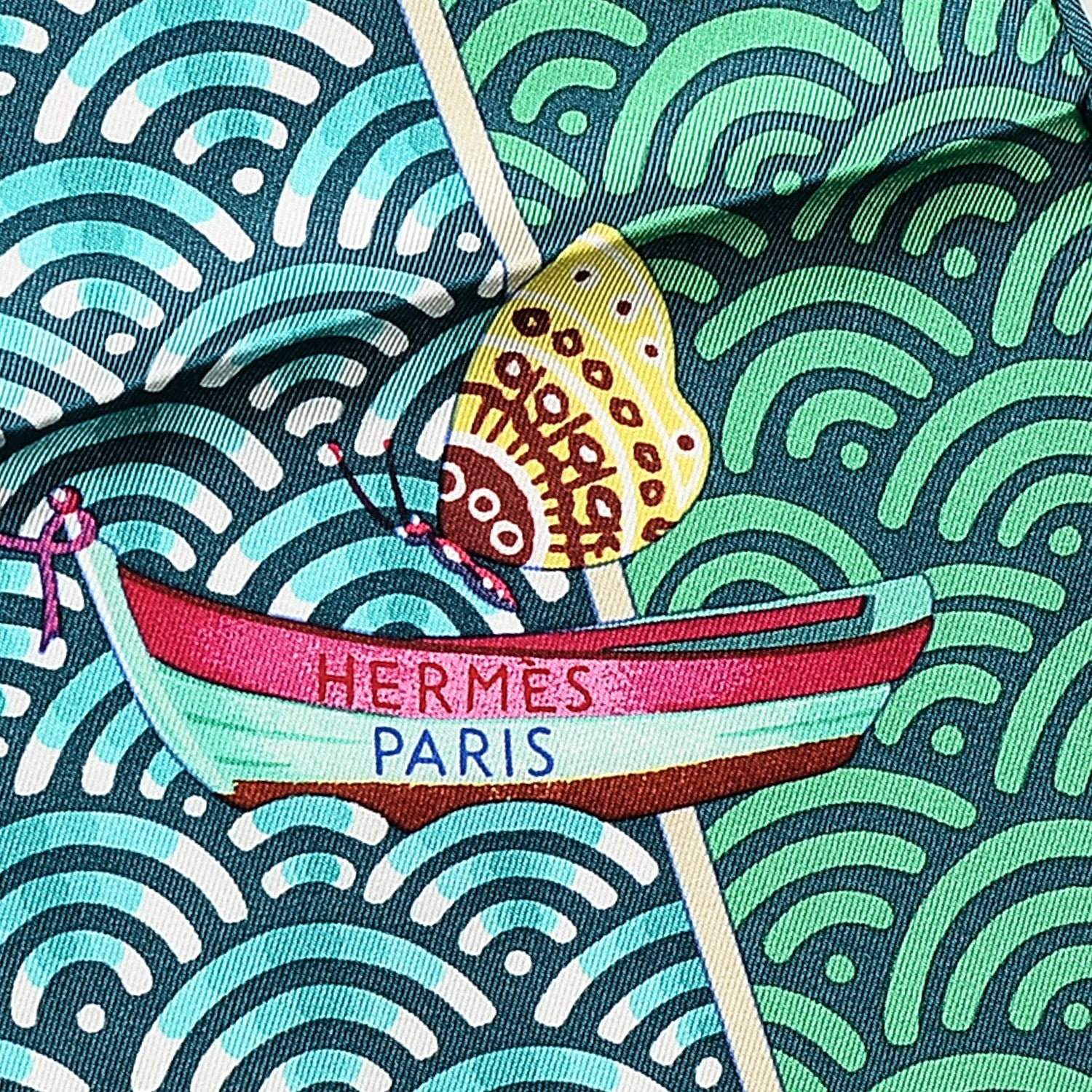 Hermes Silk Bateau Fleuri Scarf 90 Vert Canard Jaune 4 of 10