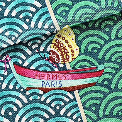 Hermes Silk Bateau Fleuri Scarf 90 Vert Canard Jaune 4 of 10