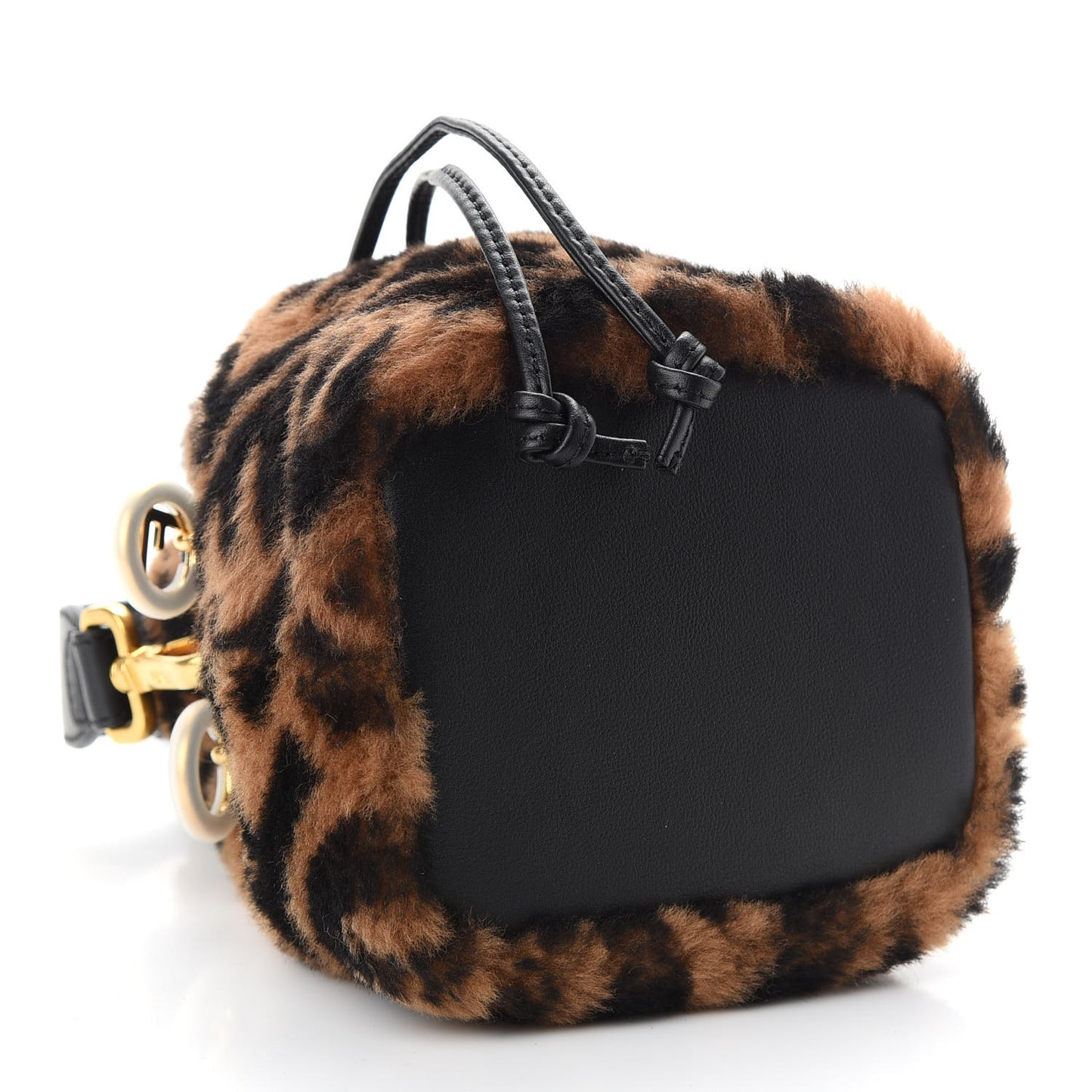 Shearling Vitello Dolce F is Fendi Macro FF 1974 Mini Mon Tresor Bucket Bag Tobacco Black