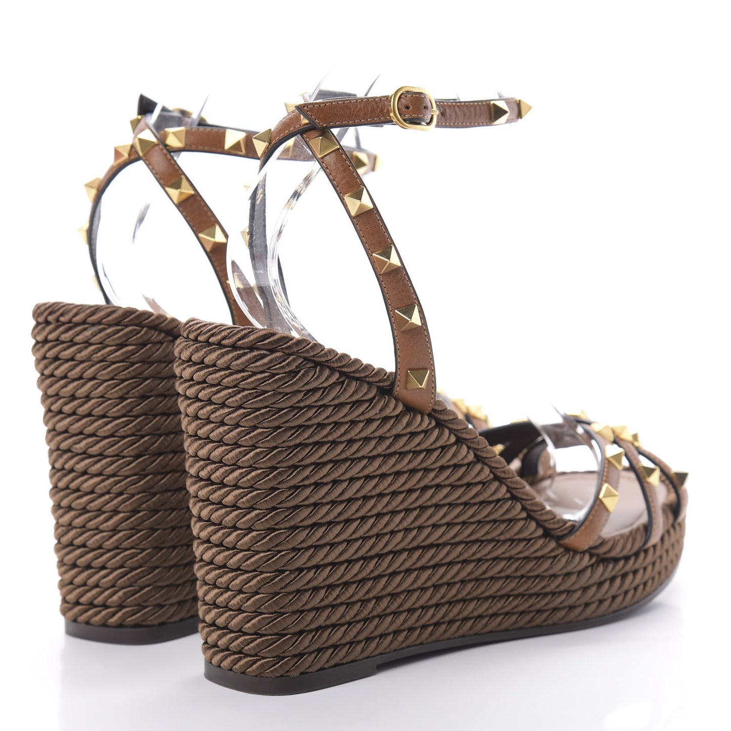 Calfskin Rockstud Ankle Strap Torchon Espadrille 25/95mm Wedge Sandals 41 Cuoio