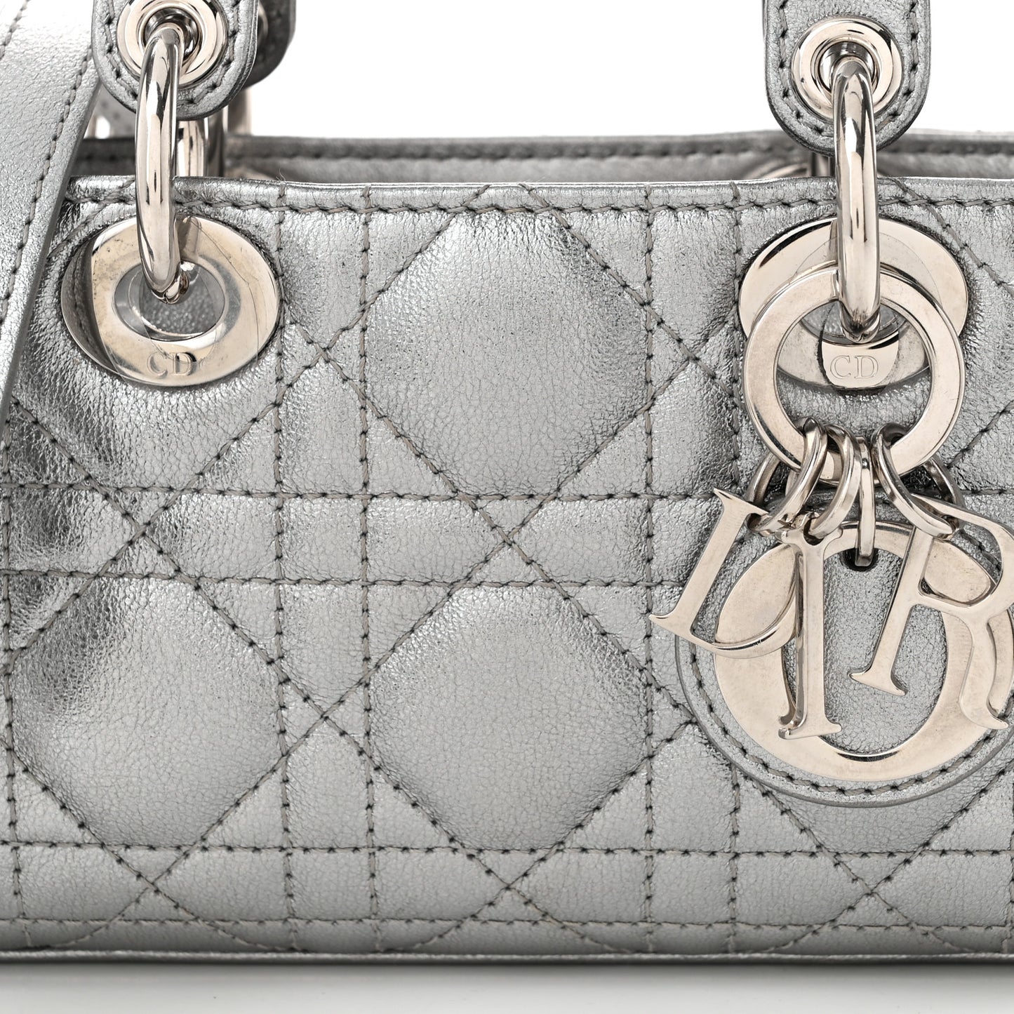 Metallic Lambskin Cannage Micro Lady D-Joy Silver