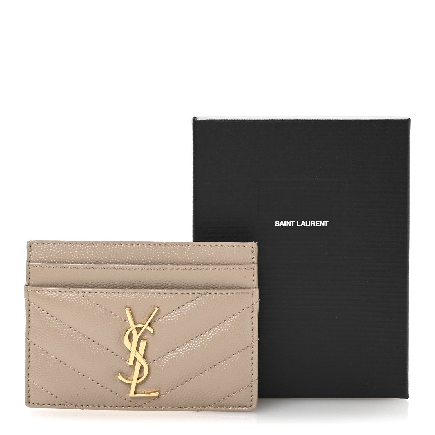 Saint Laurent Grain De Poudre Matelasse Chevron Monogram Credit Card Case Dark Beige 8 of 8