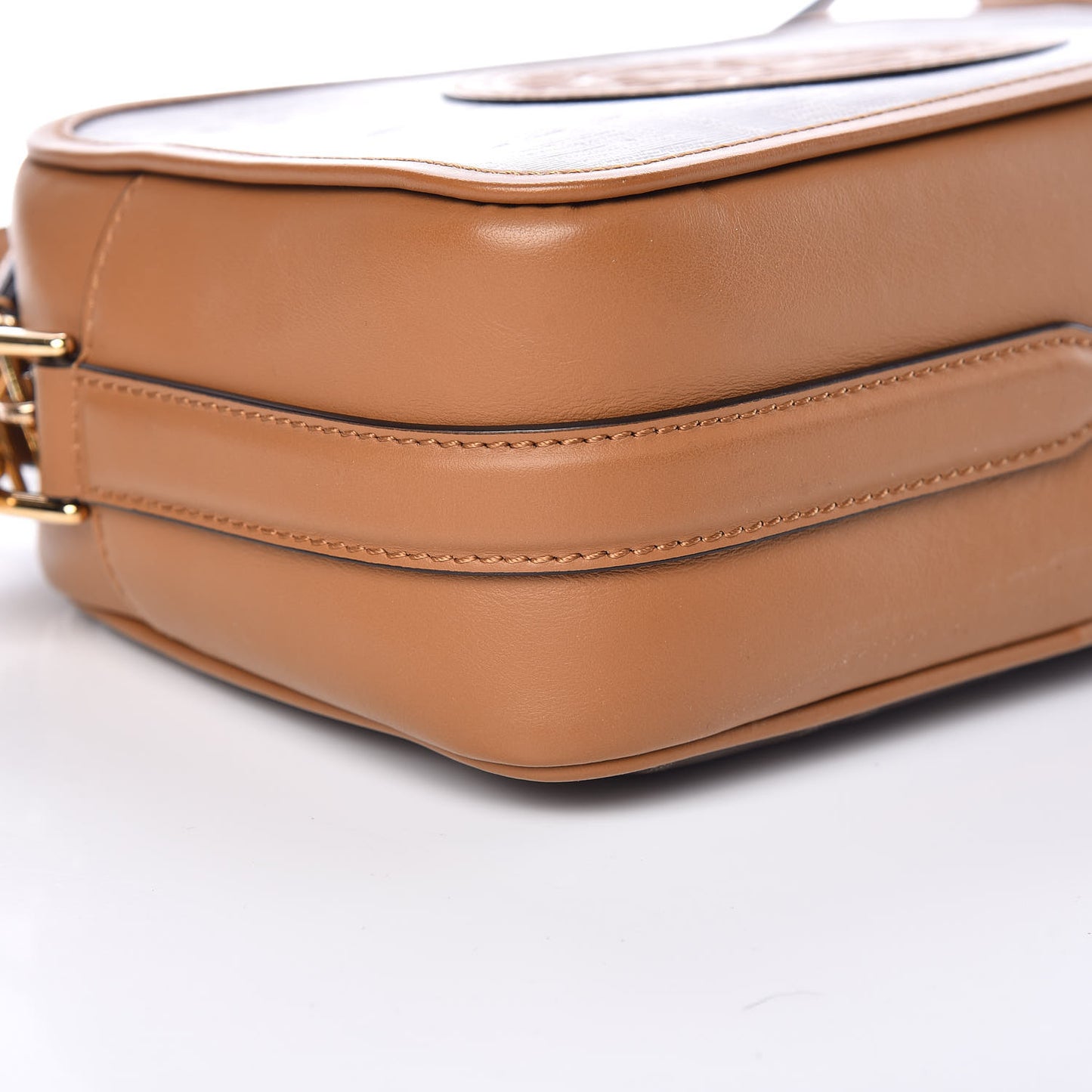 Glazed Fabric Vitello Century F is Fendi FF 1974 Stamp Patch Camera Case Mogano Panna Caramello