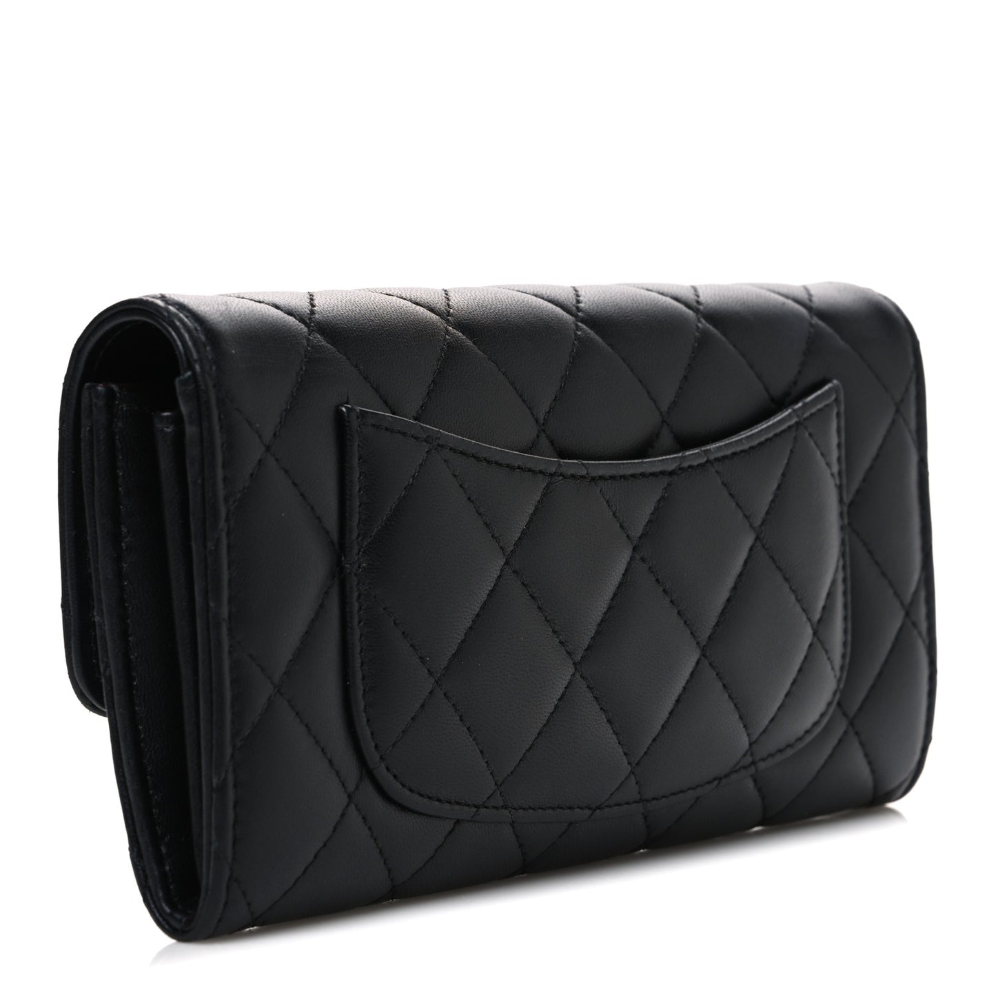 Lambskin Quilted Large Gusset Flap Wallet Black