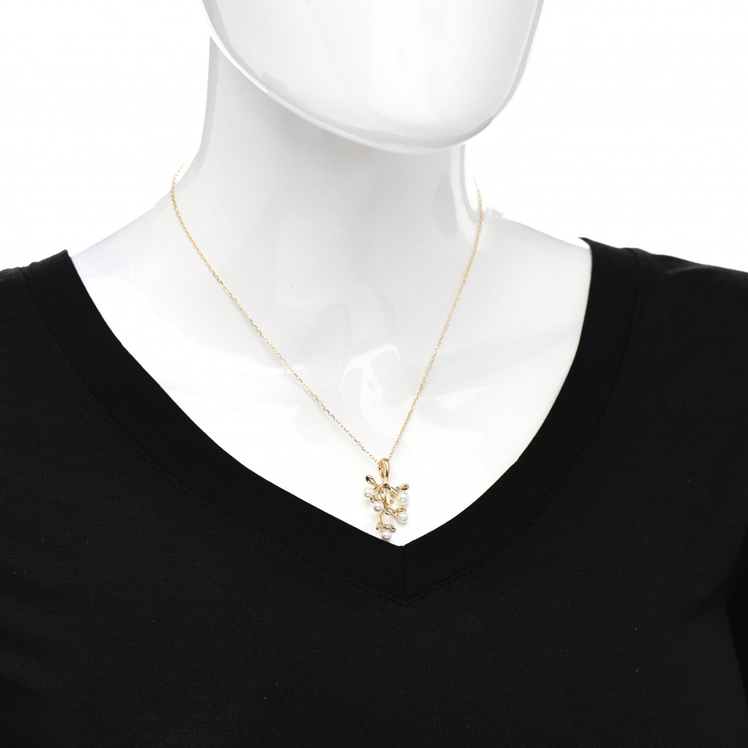 Mikimoto 18K Yellow Gold Akoya Pearl Olive Branch Pedant Necklace 2 of 4