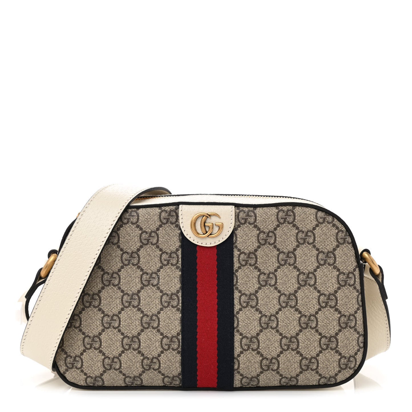 GG Supreme Monogram Textured Calfskin Web Small Ophidia Camera Bag Beige Ebony Mystic White