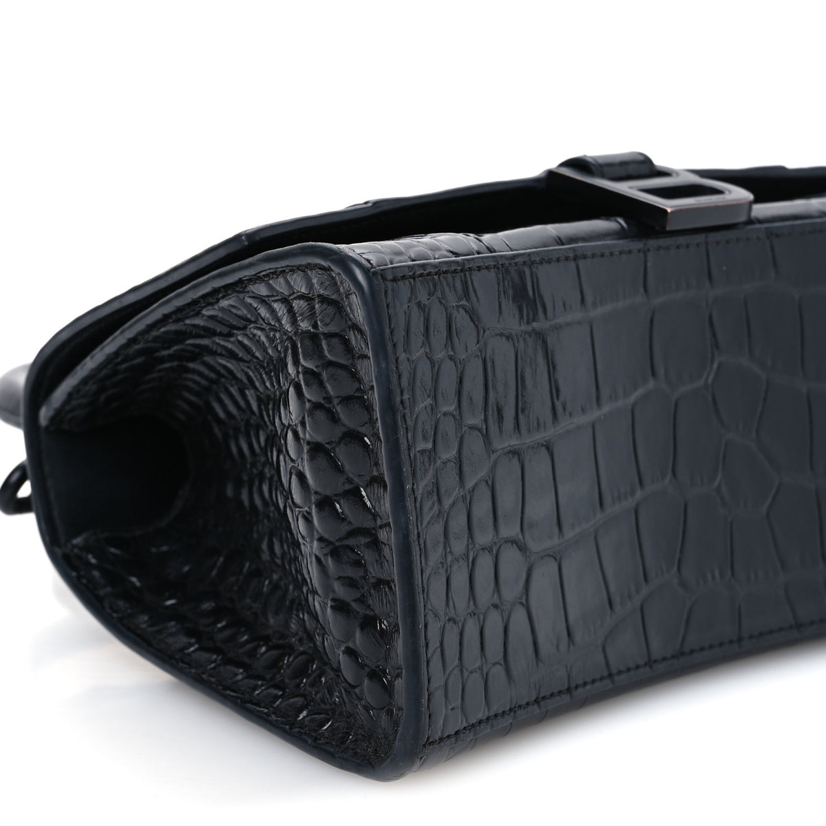 Shiny Calfskin Monochrome Crocodile Embossed Small Hourglass Top Handle Bag Black