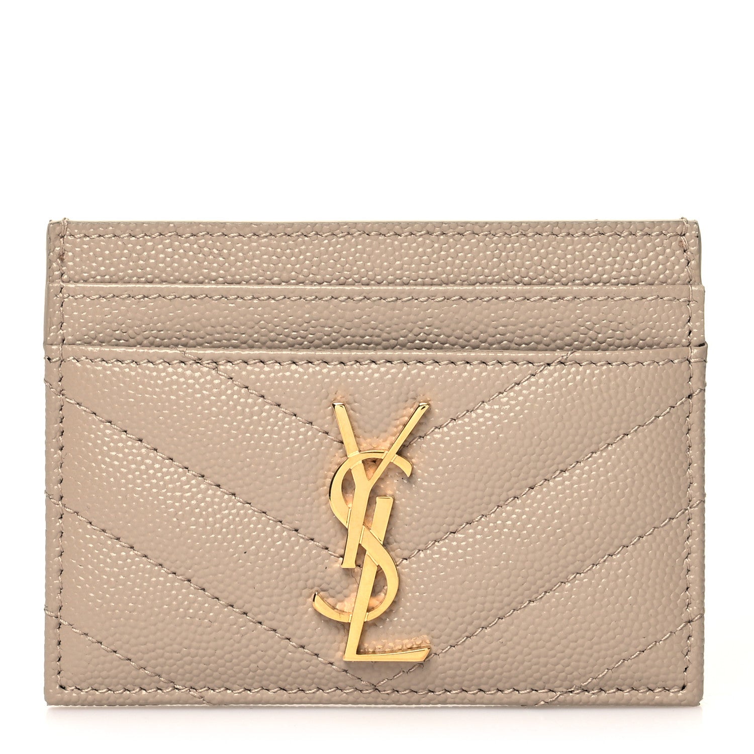Saint Laurent Grain De Poudre Matelasse Chevron Monogram Credit Card Case Dark Beige 1 of 11