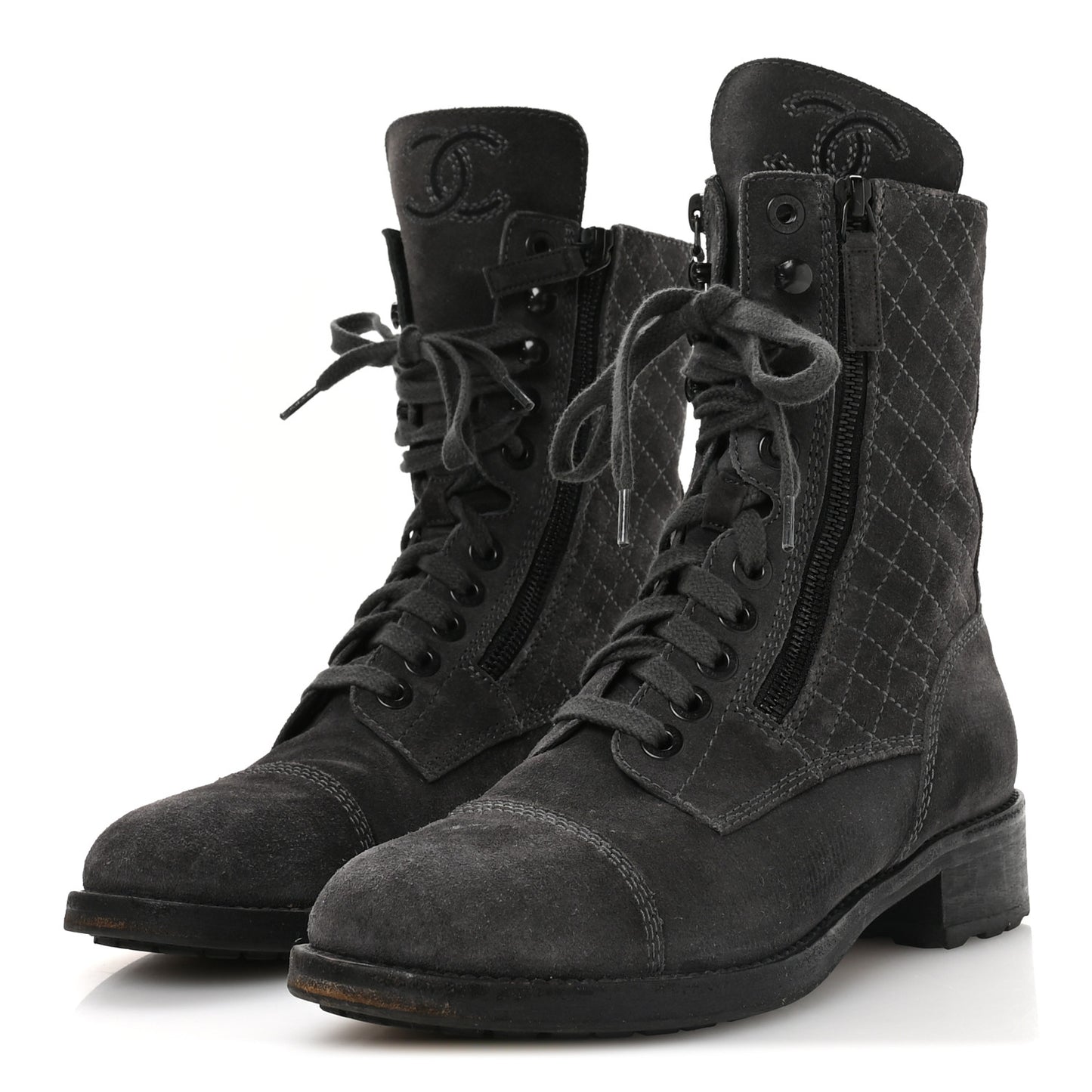 Suede Quilted CC Tall Lace Up Combat Boots 38 Grey
