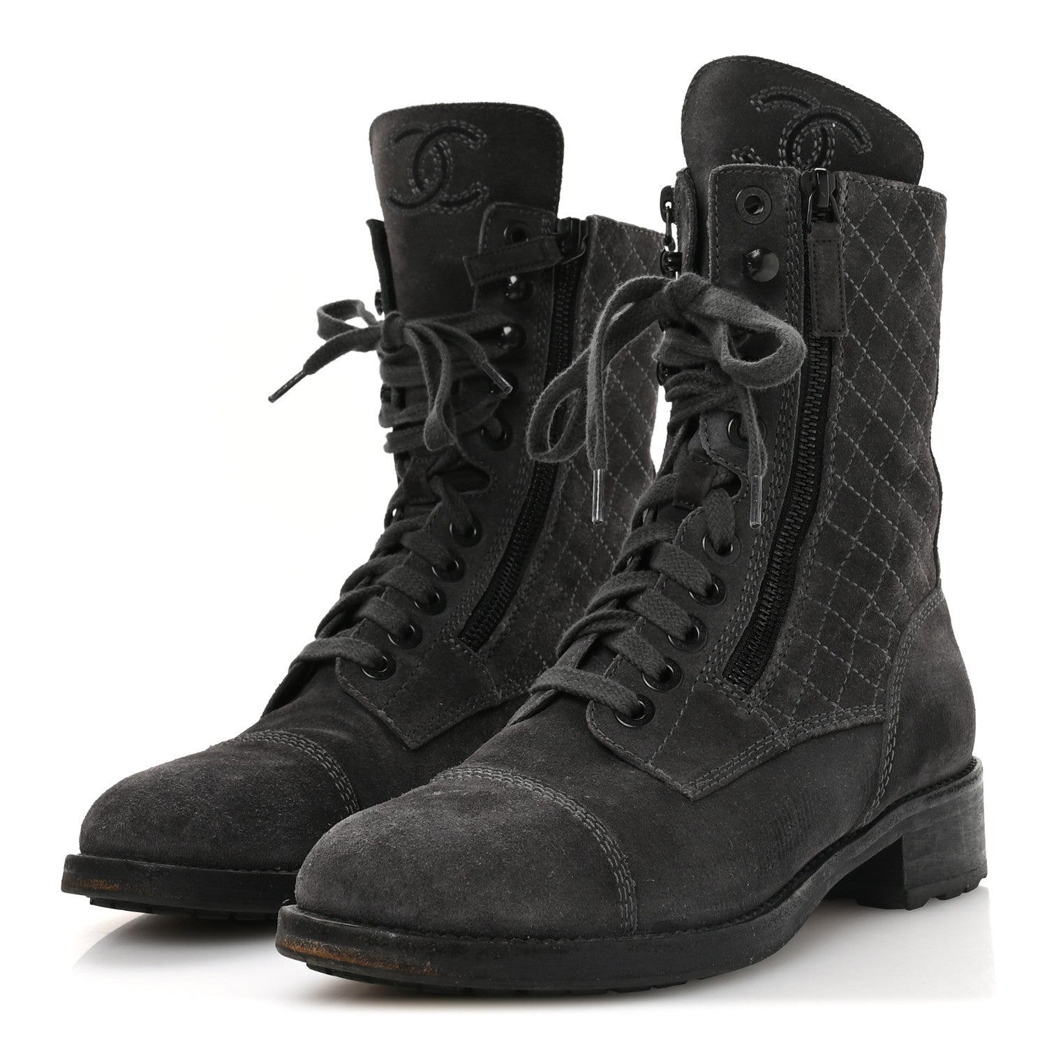 Chanel Suede Quilted CC Tall Lace Up Combat Boots 38 Grey 4 of 8