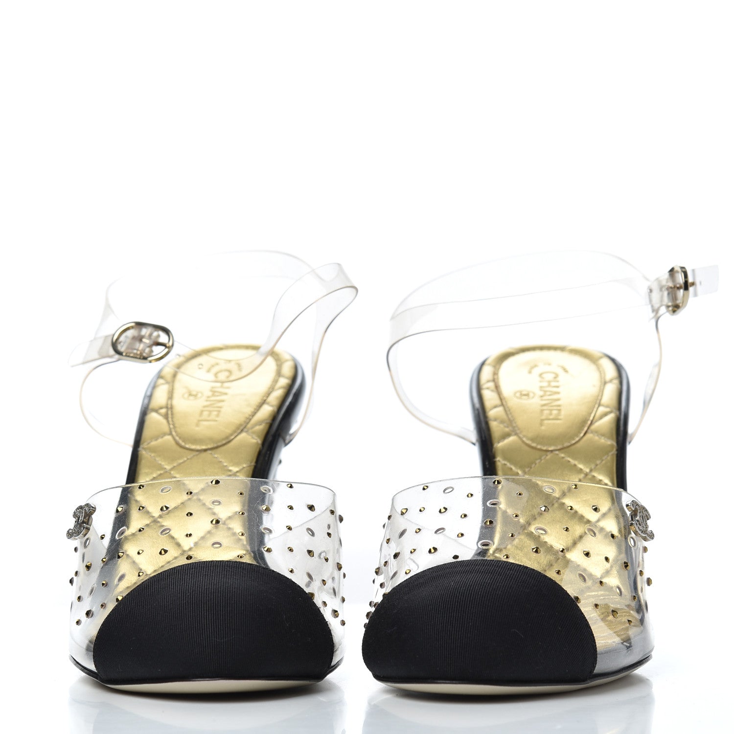 Chanel PVC Studded Grosgrain Cap Toe Pumps 38 Transparent Black 2 of 14