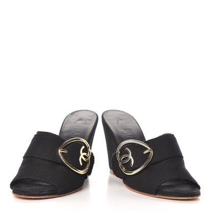Chanel Canvas Heart CC Wedge Sandals 37 Black 6 of 15