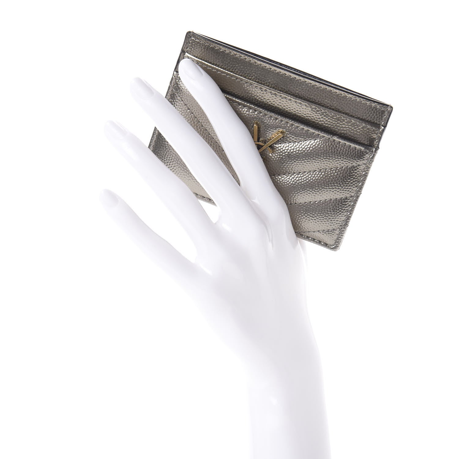 Saint Laurent Metallic Grain De Poudre Matelasse Chevron Monogram Credit Card Case Pimbo 2 of 6