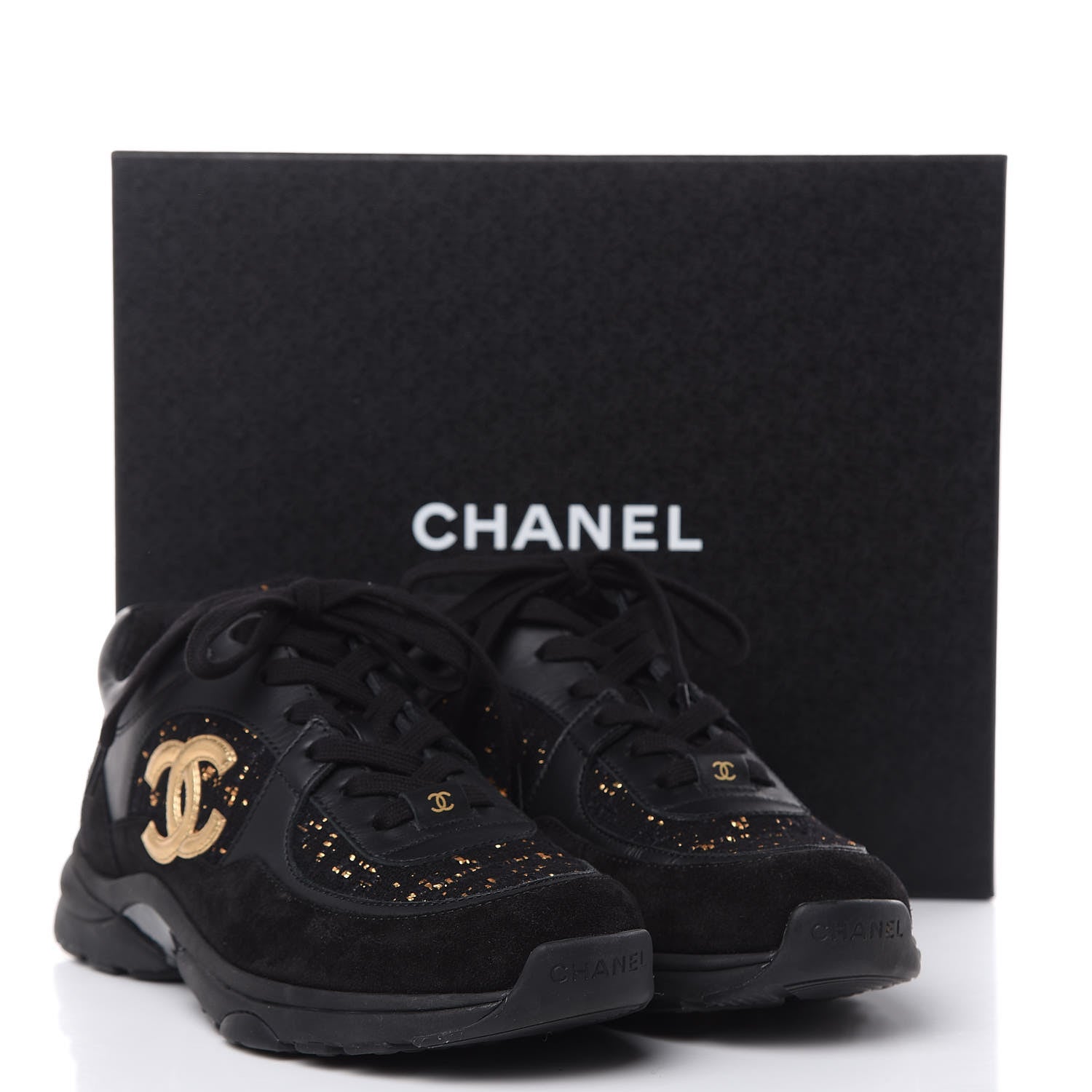 Chanel Suede Tweed CC Sneakers 38.5 Black Gold 8 of 8