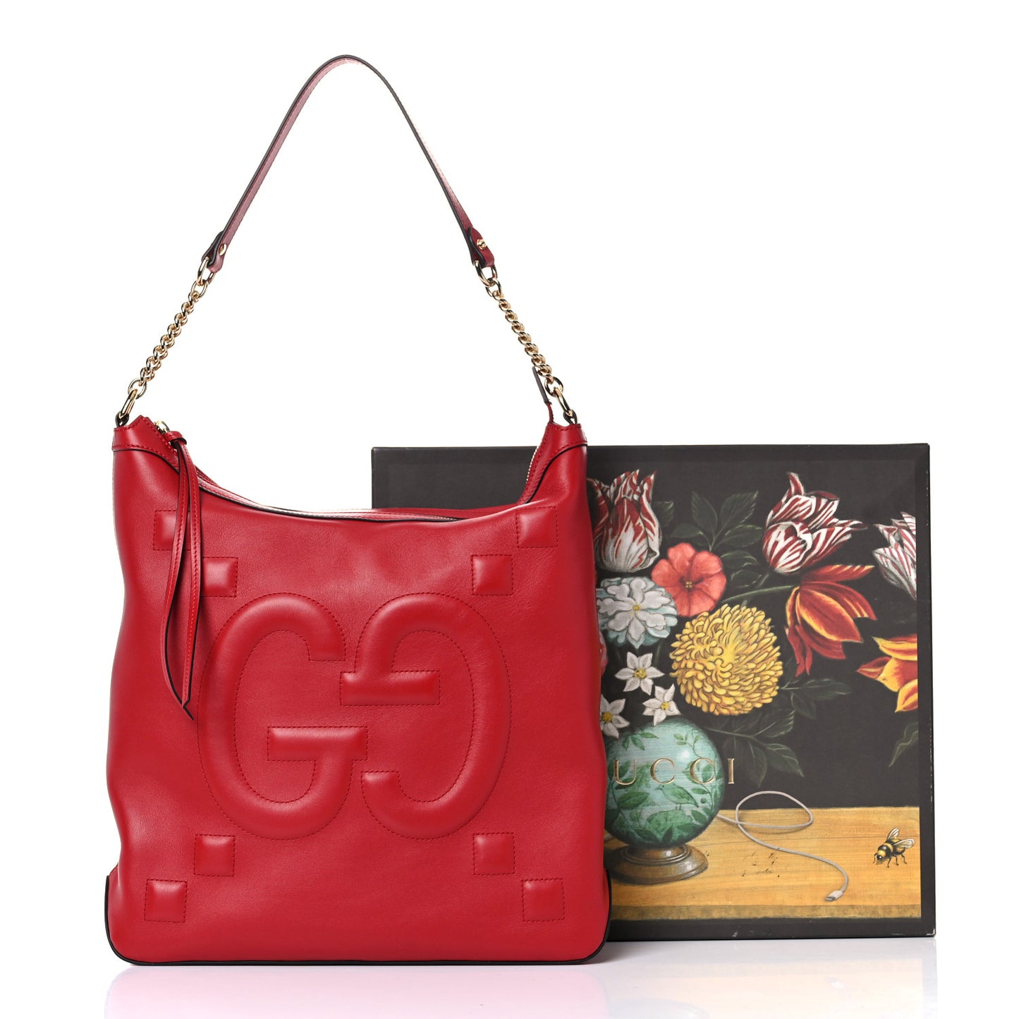 Apollo Calfskin GG Dadini Embroidered Chain Hobo Hibiscus Red