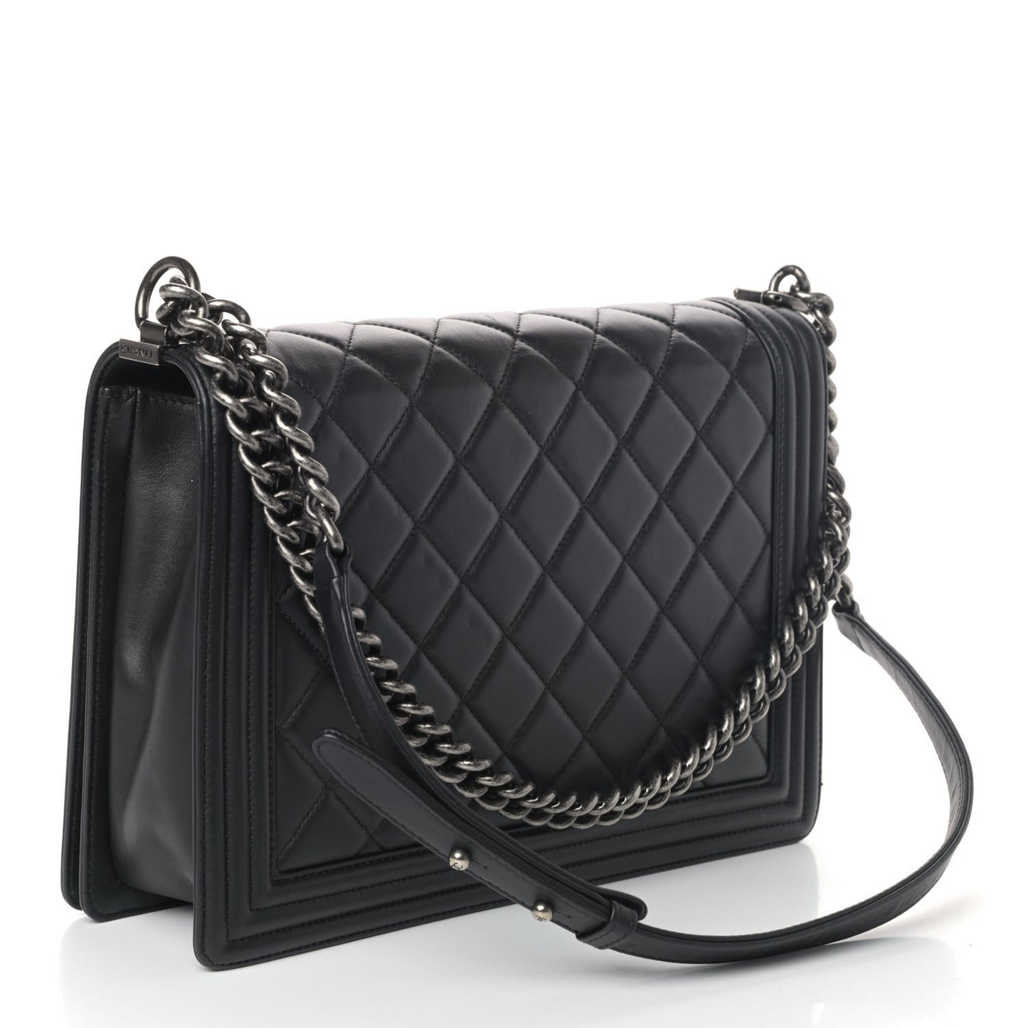 Lambskin Quilted Large Boy Flap Black