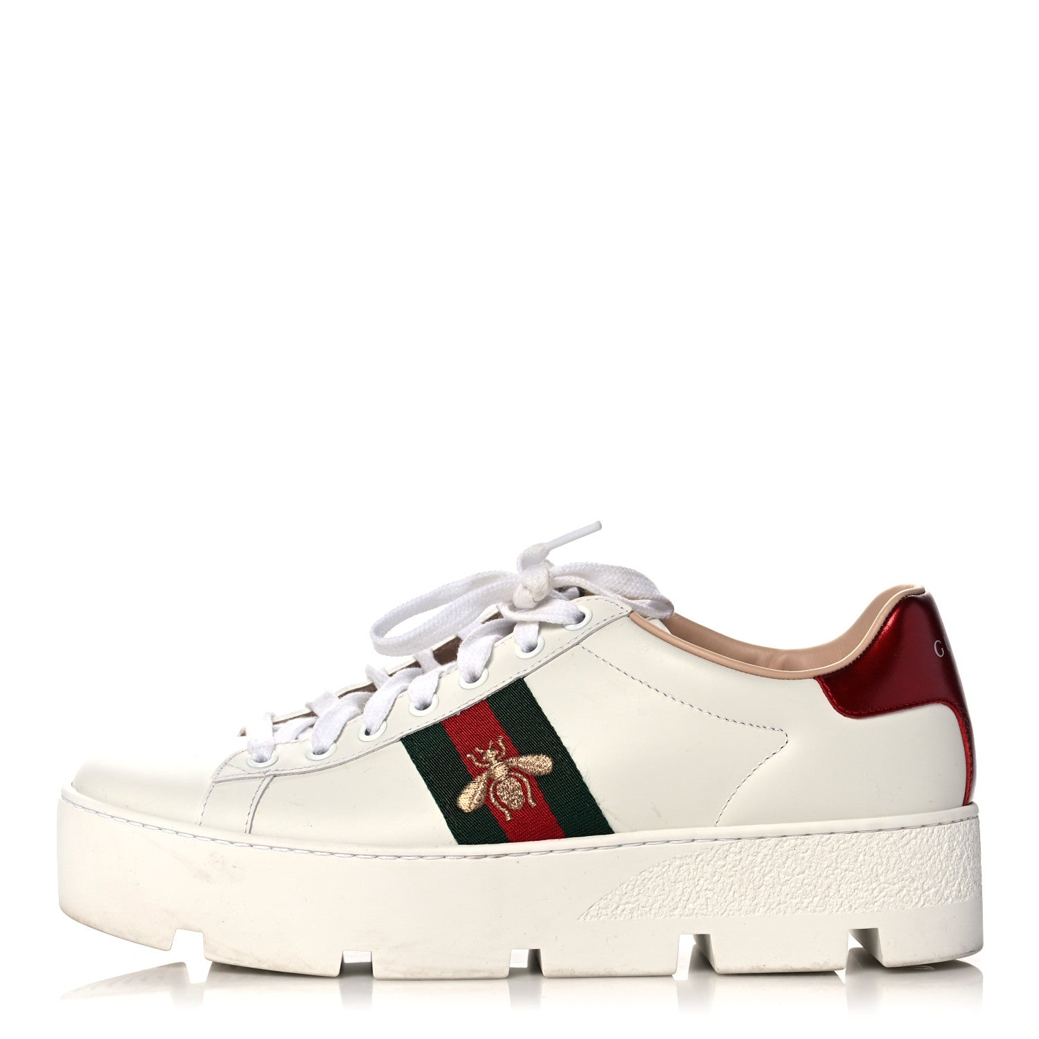Gucci Calfskin Web Bee Embroidered Womens Ace Platform Sneakers 38.5 White 1 of 11