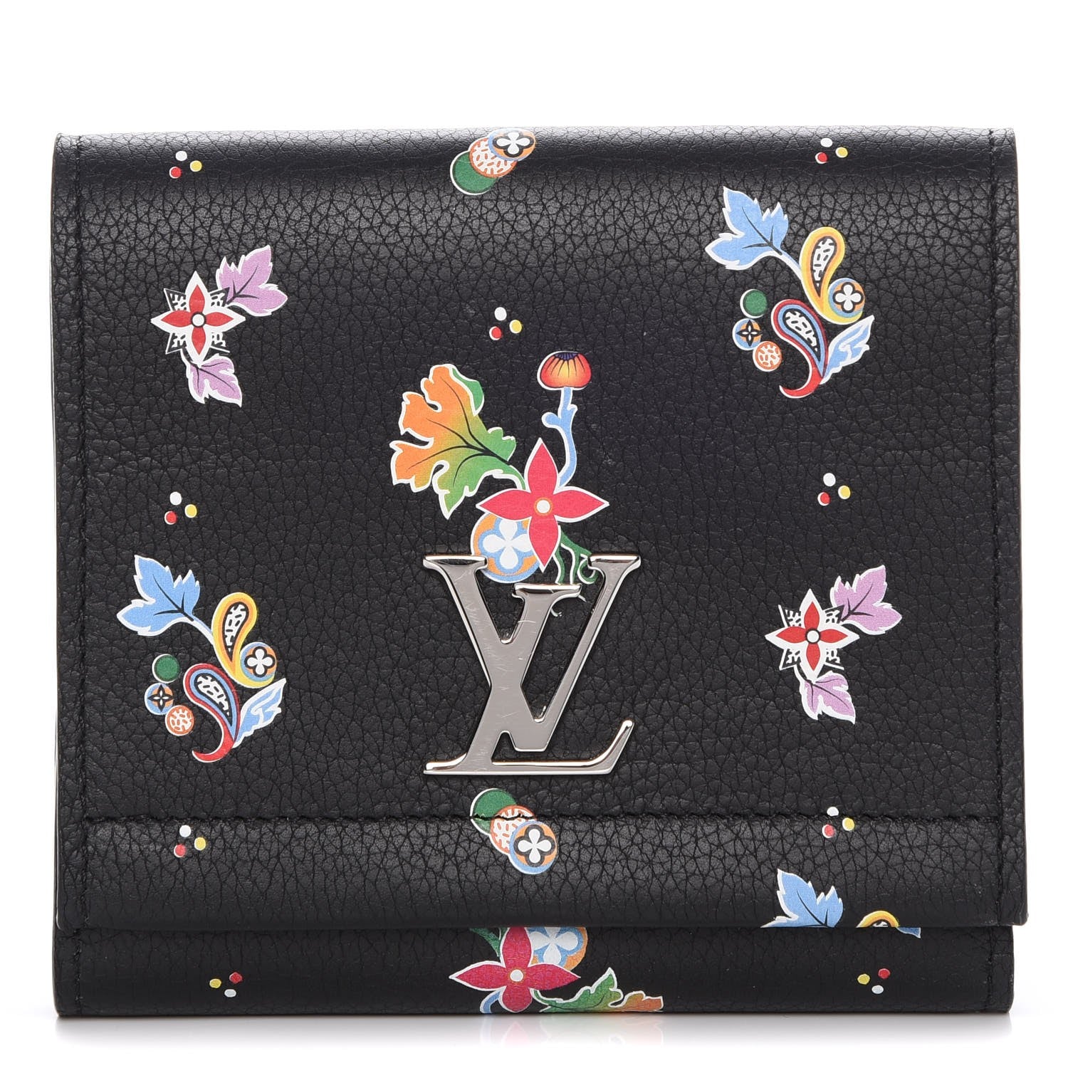 Louis Vuitton Calfskin LockMe II Floral Compact Wallet Black 1 of 9