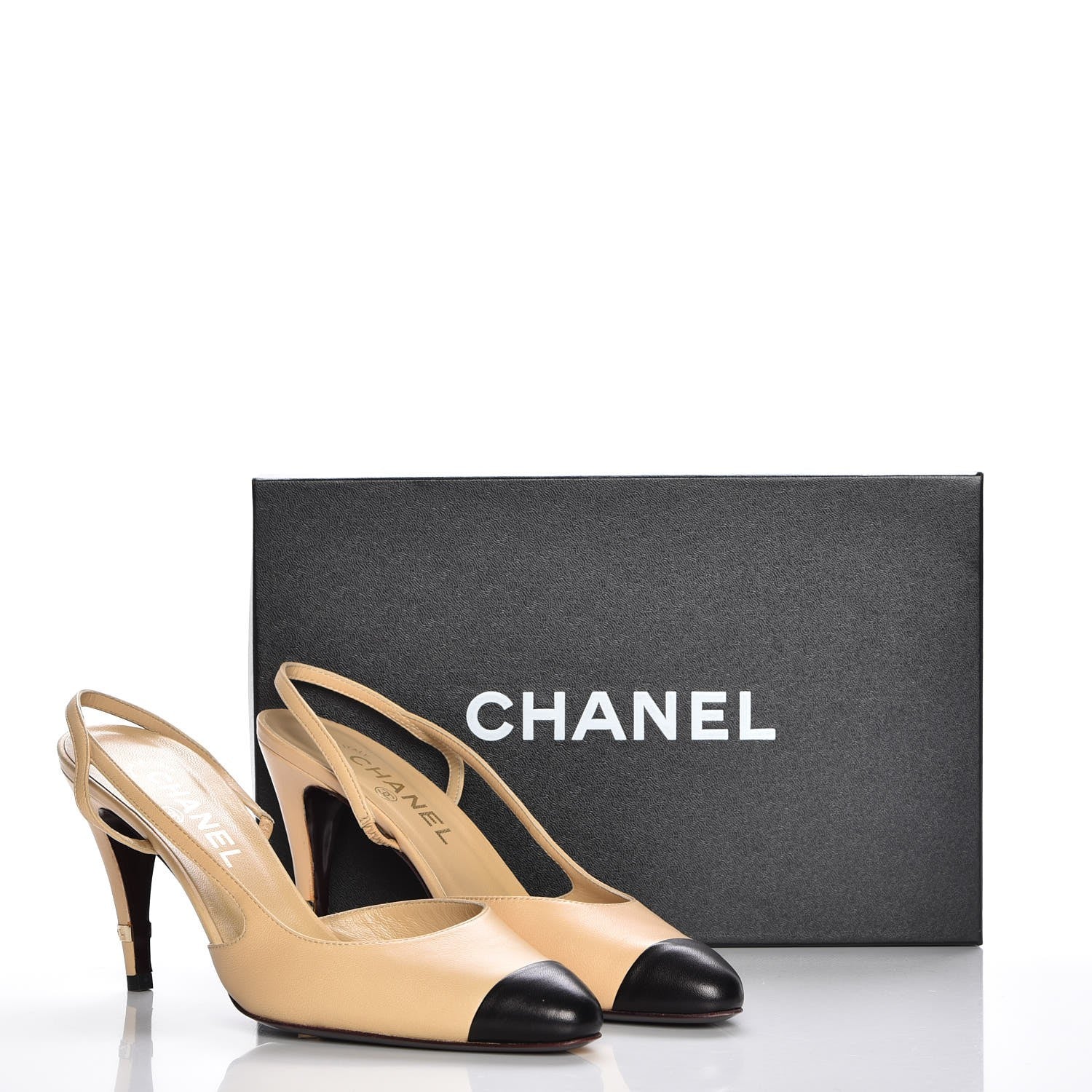Chanel Lambskin Cap Toe CC Slingback Pumps 39 Beige Black 8 of 8