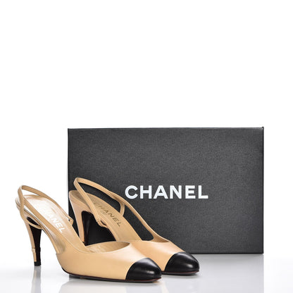 Chanel Lambskin Cap Toe CC Slingback Pumps 39 Beige Black 8 of 8