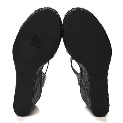 Valentino Garavani Grainy Cowhide VLogo Ankle Wrap Espadrille Wedge Sandals 40 Black 5 of 9