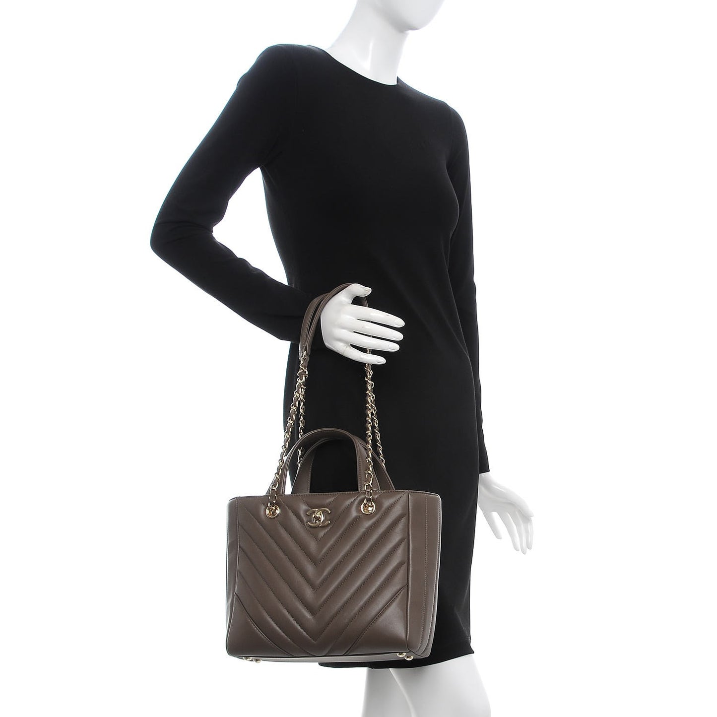 Calfskin Chevron Quilted Small Statement Shopping Tote Khaki