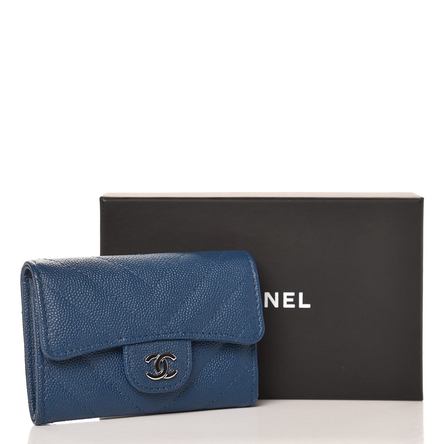 Caviar Chevron Quilted Card Holder Wallet Dark Blue