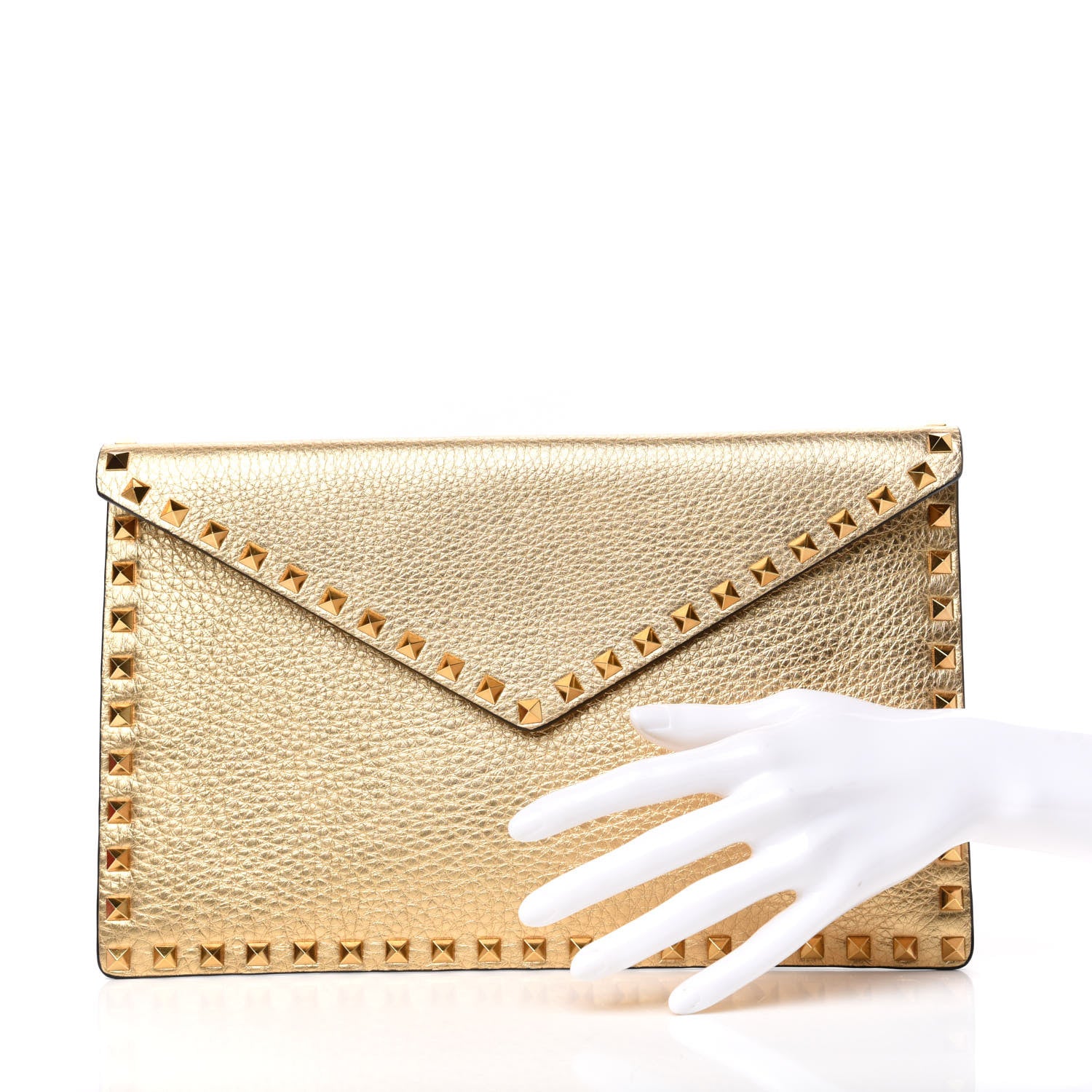 Valentino Garavani Metallic Pebbled Calfskin Large Rockstud Envelope Clutch Gold 2 of 7