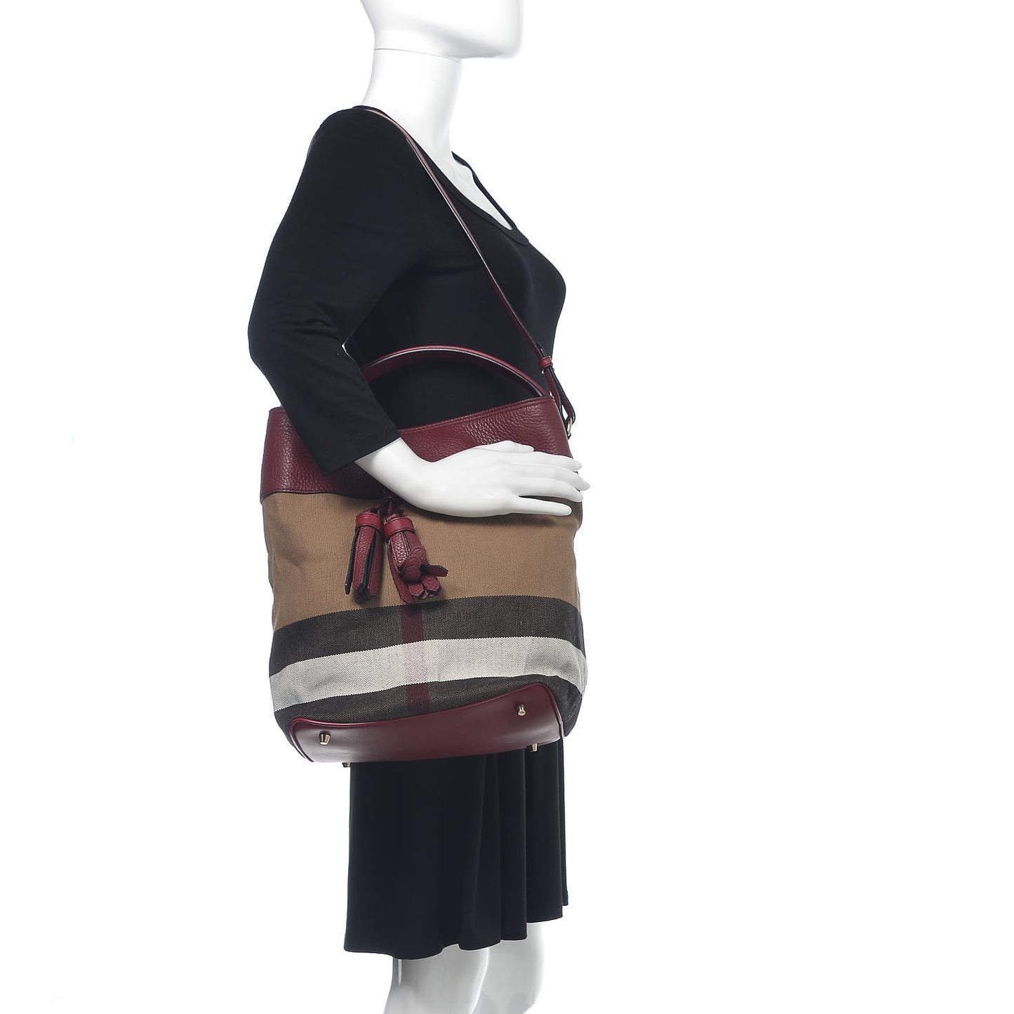 Grainy Calfskin Canvas Mega Check Medium Ashby Tassel Hobo Burgundy Red
