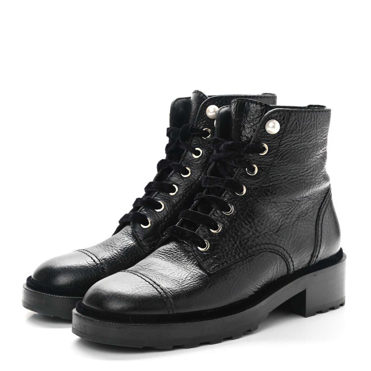 Shiny Calfskin Velvet Pearl Combat Short Boots 39 Black