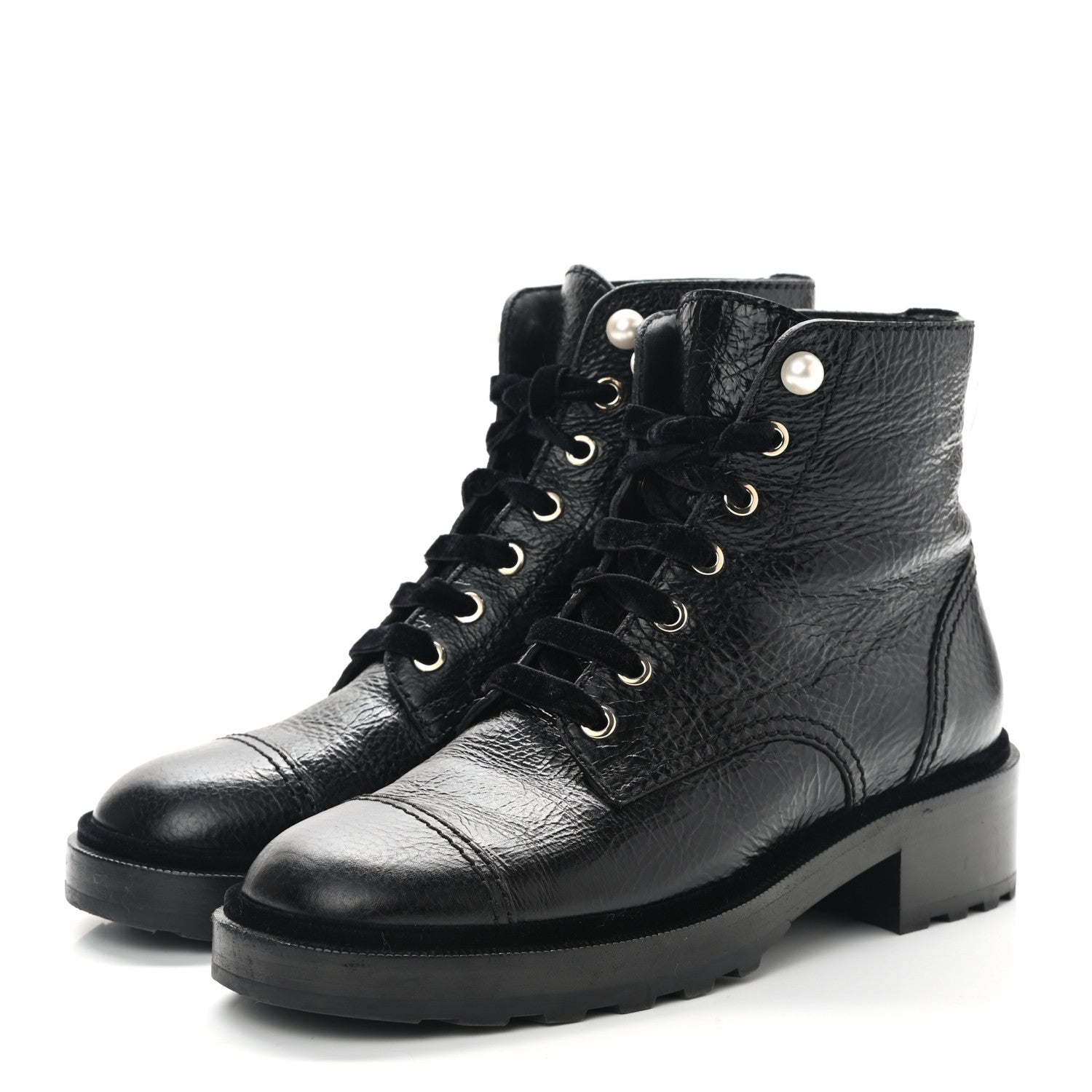 Chanel Shiny Calfskin Velvet Pearl Combat Short Boots 39 Black 3 of 10
