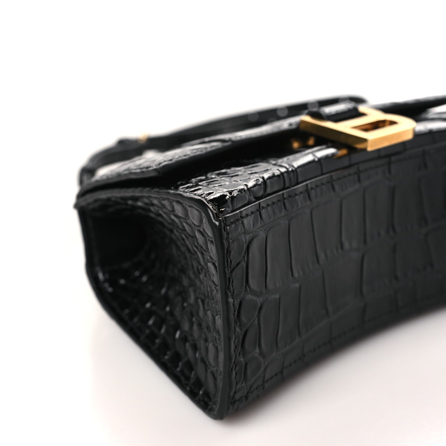 Shiny Calfskin Crocodile Embossed Hourglass Top Handle Bag XS Black