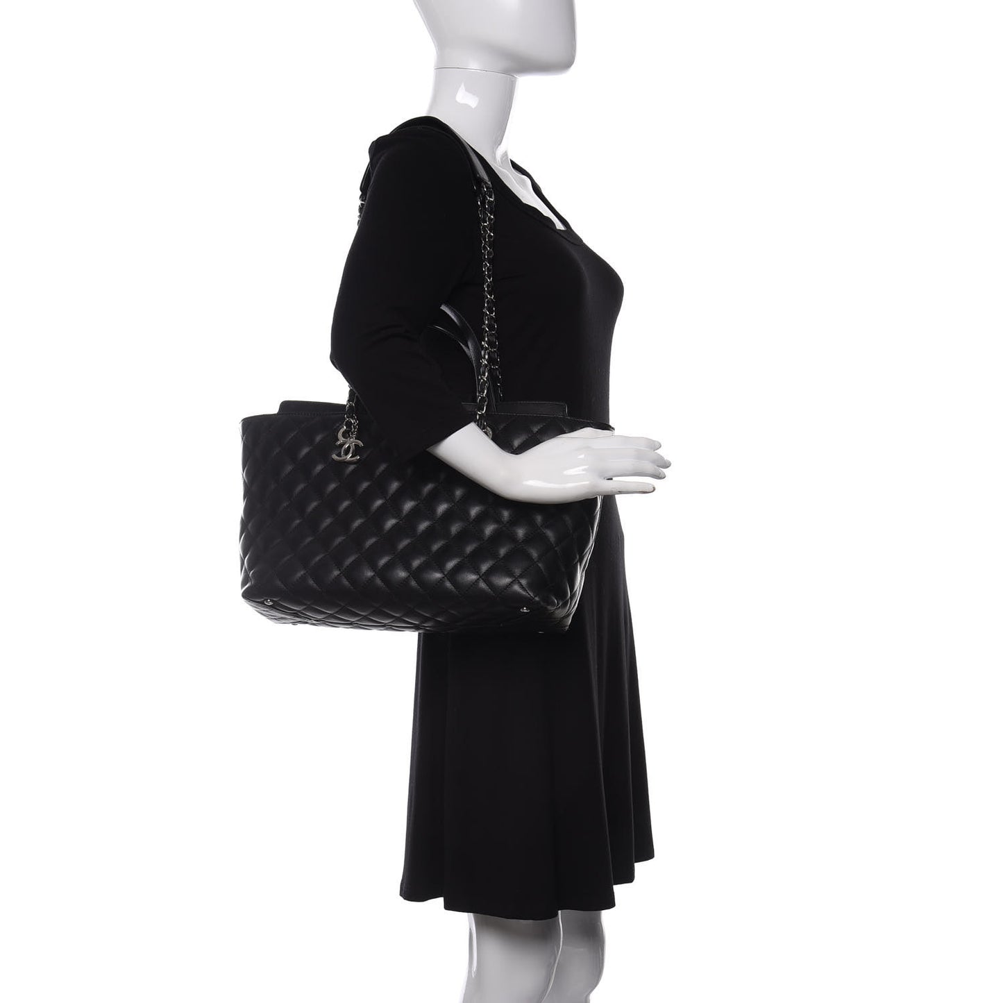 Calfskin Quilted Large Shopping Tote Black