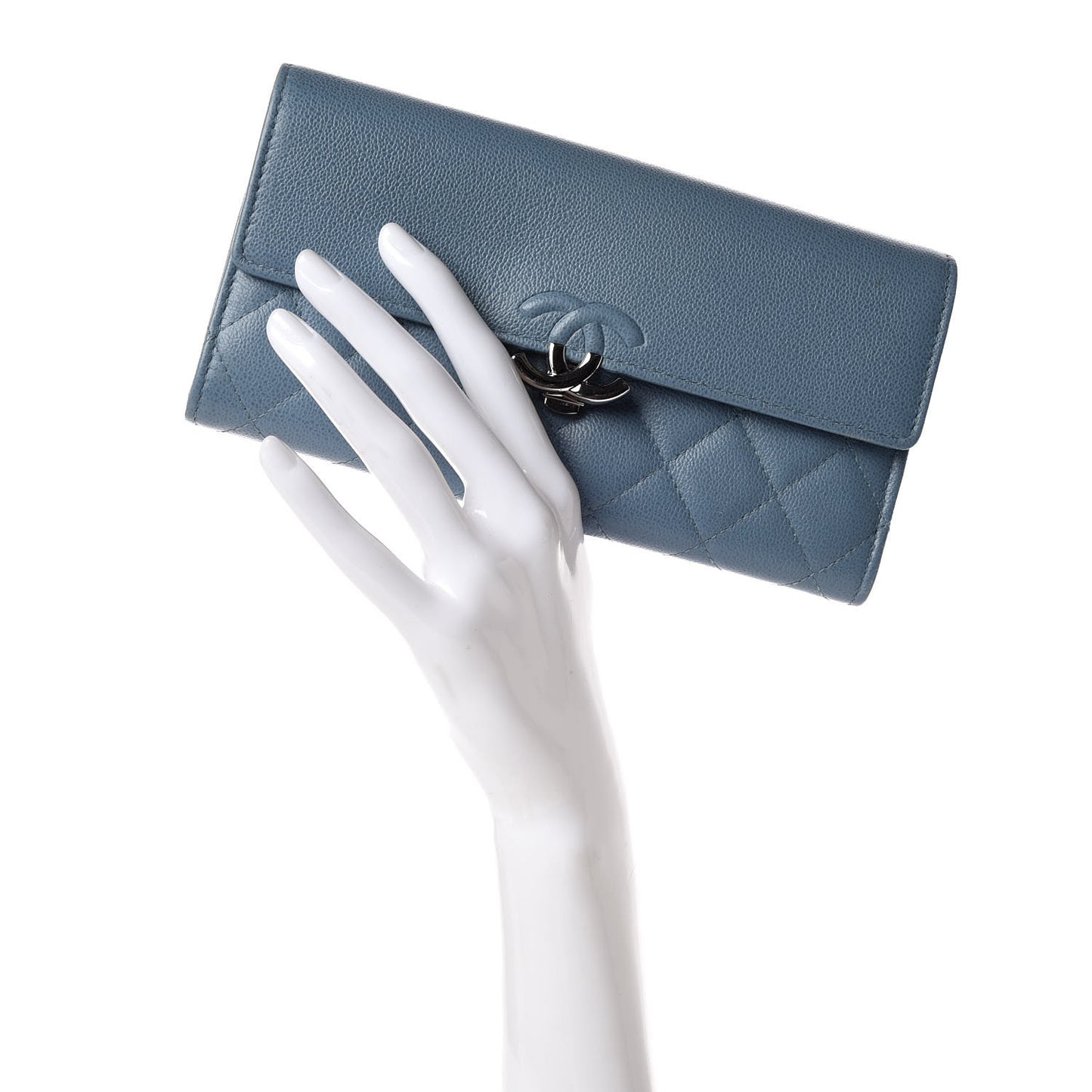 Grained Calfskin Quilted CC Box Flap Wallet Blue