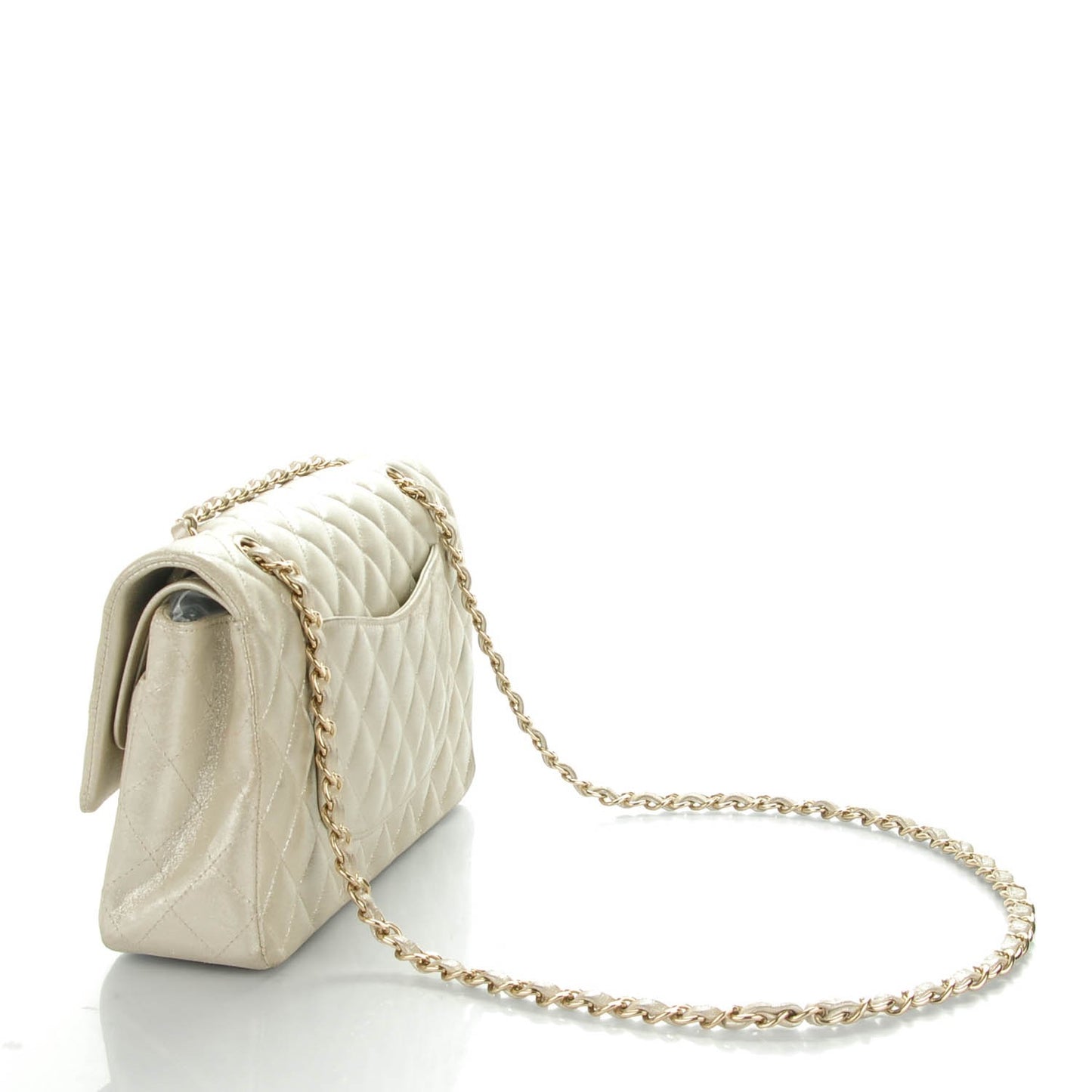 Iridescent Calfskin Quilted Medium Double Flap Light Gold