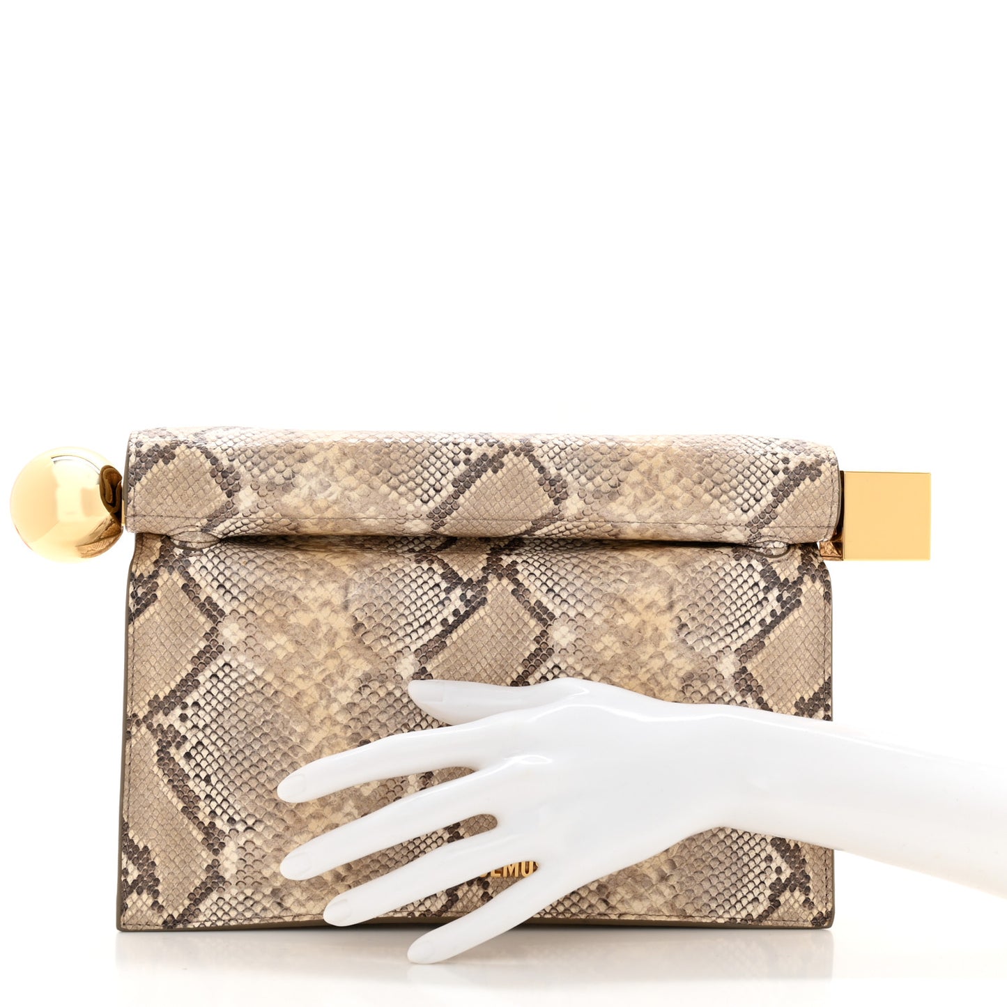 Python Embossed Calfskin La Rond Carre Take Out Clutch Beige