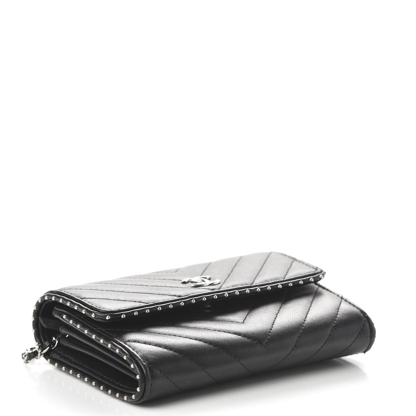 Lambskin Chevron Quilted Studded Clutch With Chain WOC Black