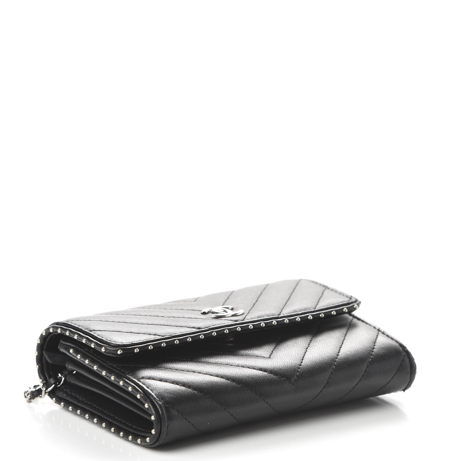 Chanel Lambskin Chevron Quilted Studded Clutch With Chain WOC Black 4 of 11