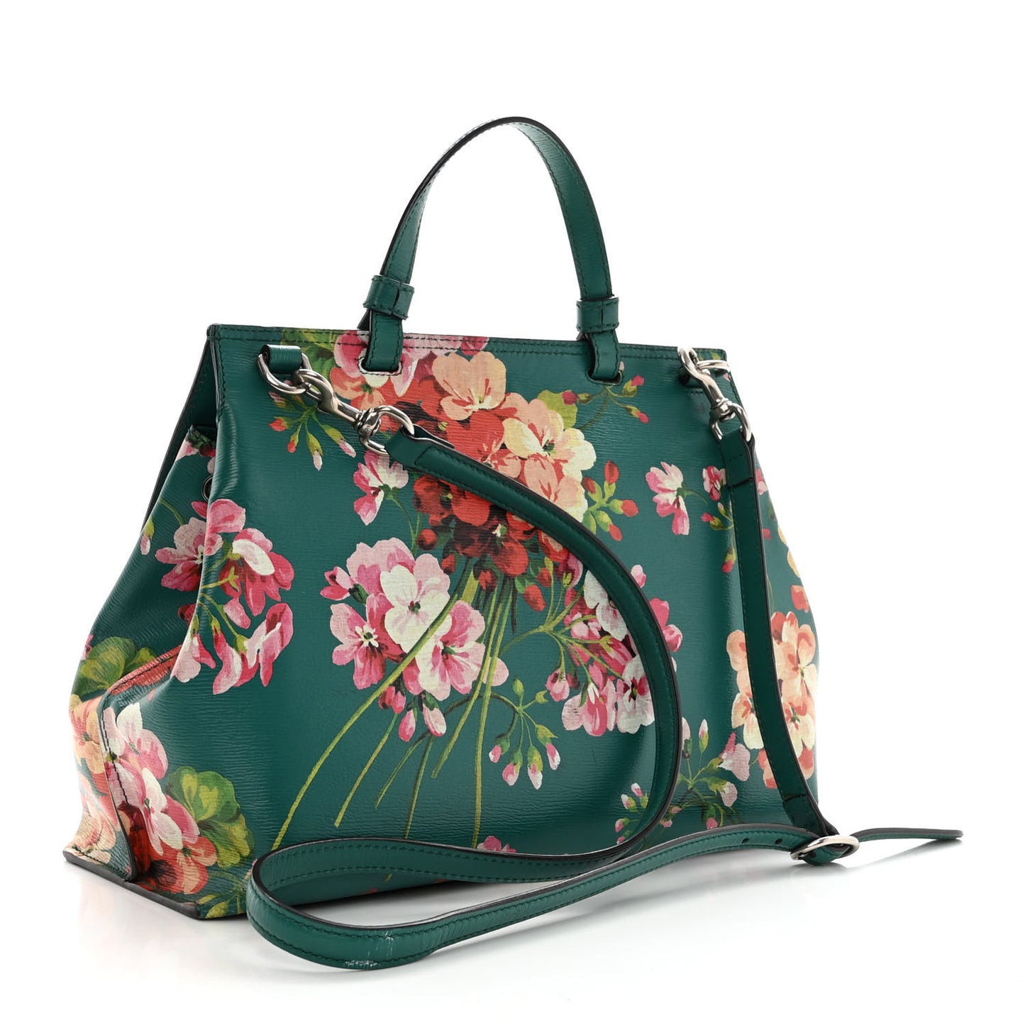 Shangai Calfskin Blooms Print Medium Bamboo Daily Top Handle Bag Clear Bright Emerald Multicolor
