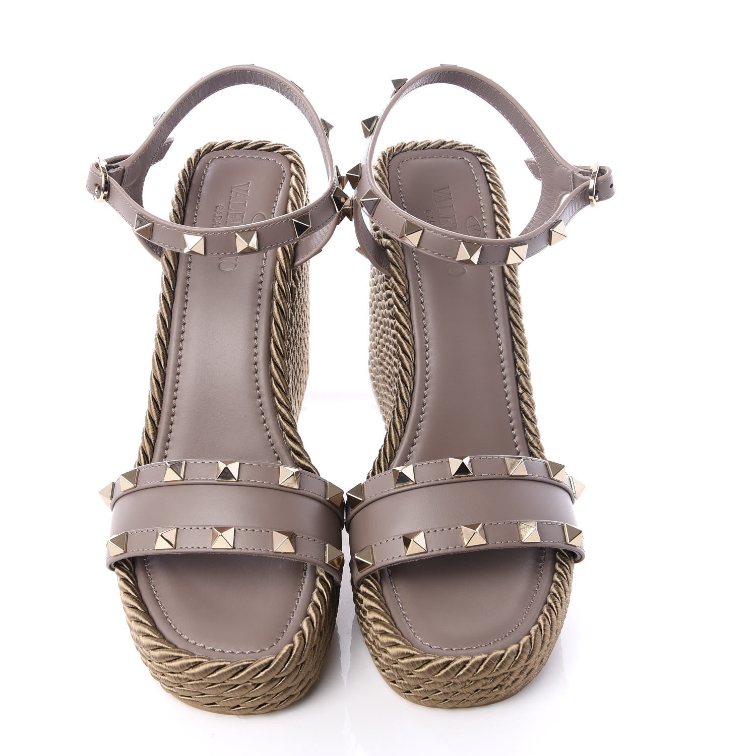 Valentino Garavani Silk Calfskin Rockstud Torchon Espadrille Wedge Sandals 38 Clay 8 of 10