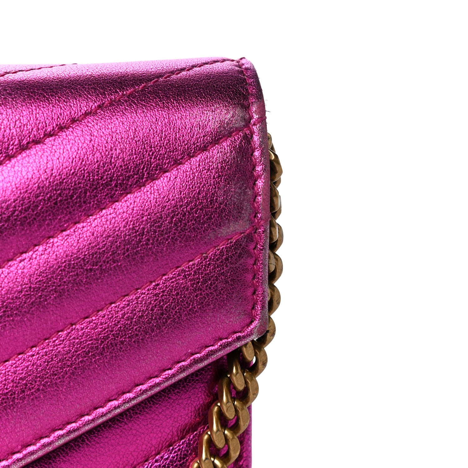 Saint Laurent Metallic Calfskin Matelasse Chevron Monogram Envelope Chain Wallet Fuchsia 14 of 15