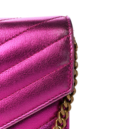 Saint Laurent Metallic Calfskin Matelasse Chevron Monogram Envelope Chain Wallet Fuchsia 14 of 15