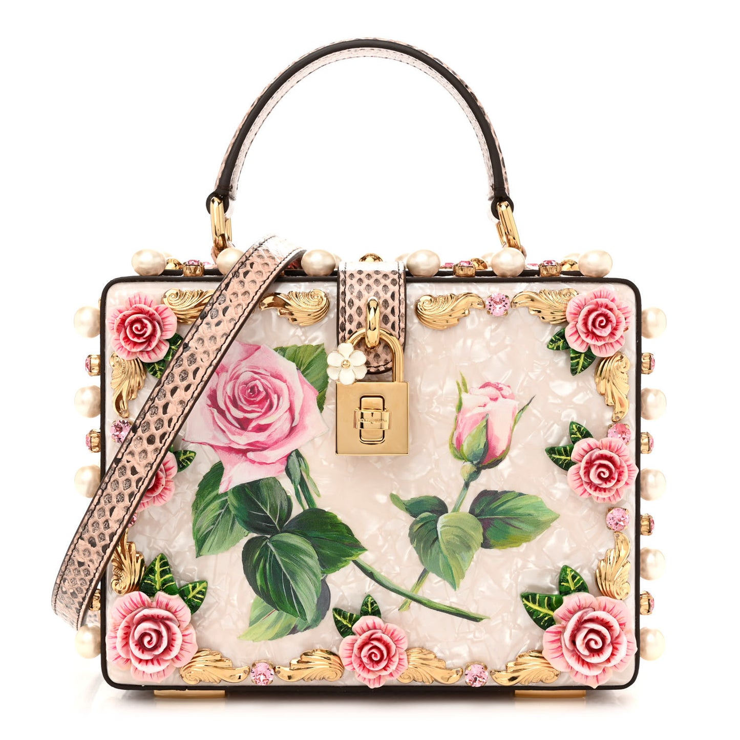 PVC Snakeskin Effect Pearl Crystal Tropical Rose Lily Box Bag Pink