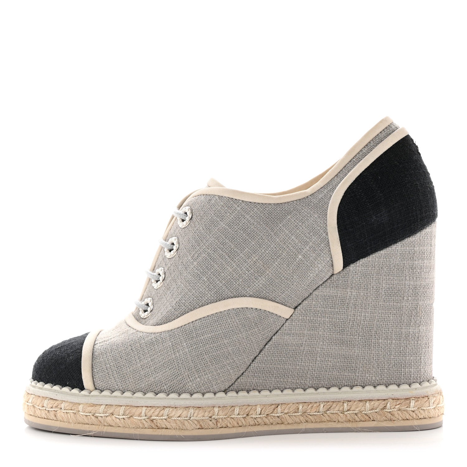 Chanel Cotton Lace Up Wedge Espadrilles 38.5 Grey Navy Blue 1 of 9