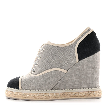 Chanel Cotton Lace Up Wedge Espadrilles 38.5 Grey Navy Blue 1 of 9