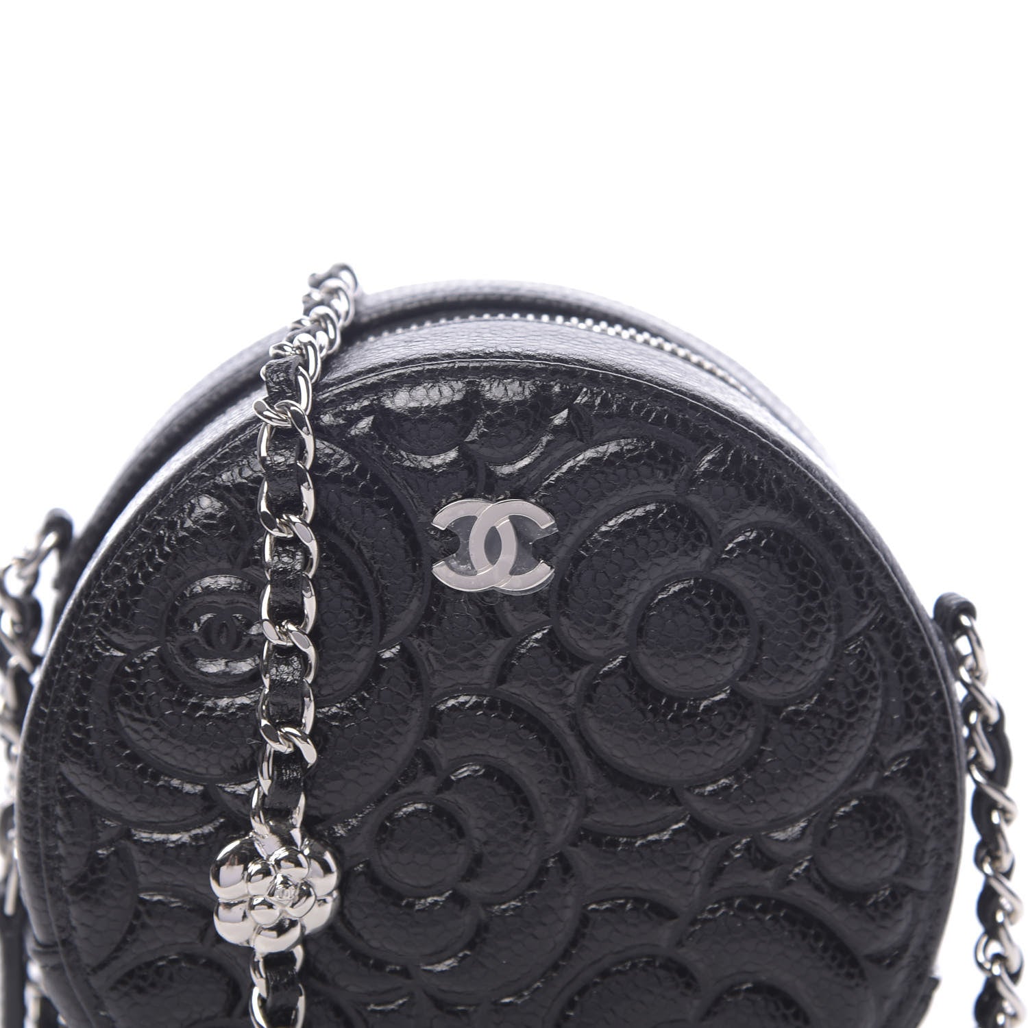 Chanel Caviar Camellia Embossed Round Clutch With Chain Black 11 of 12