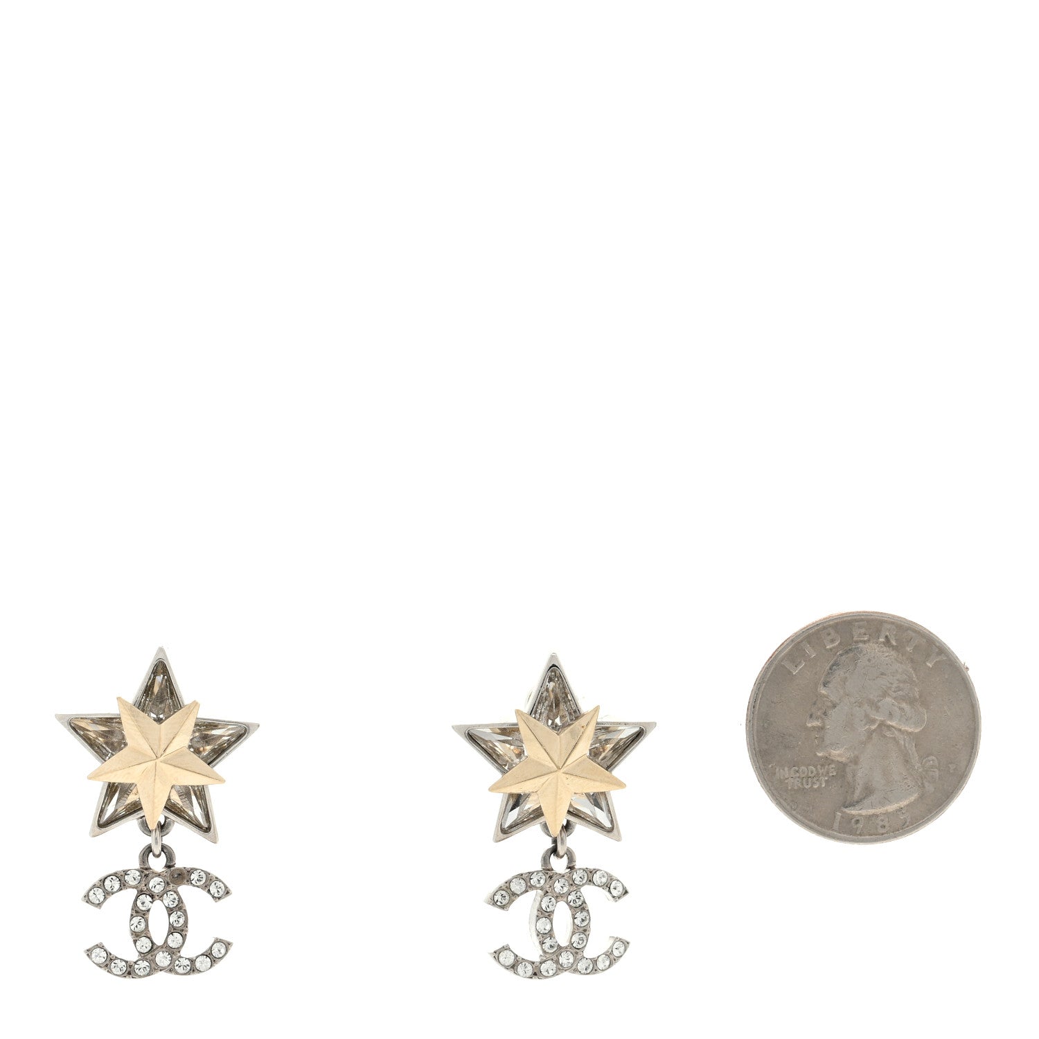 Chanel Crystal CC Star Drop Earrings Silver Gold 2 of 4