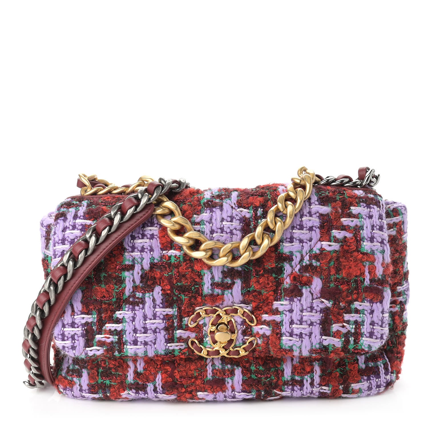 Chanel Tweed Quilted Medium Chanel 19 Flap Red Purple Green 1 of 9